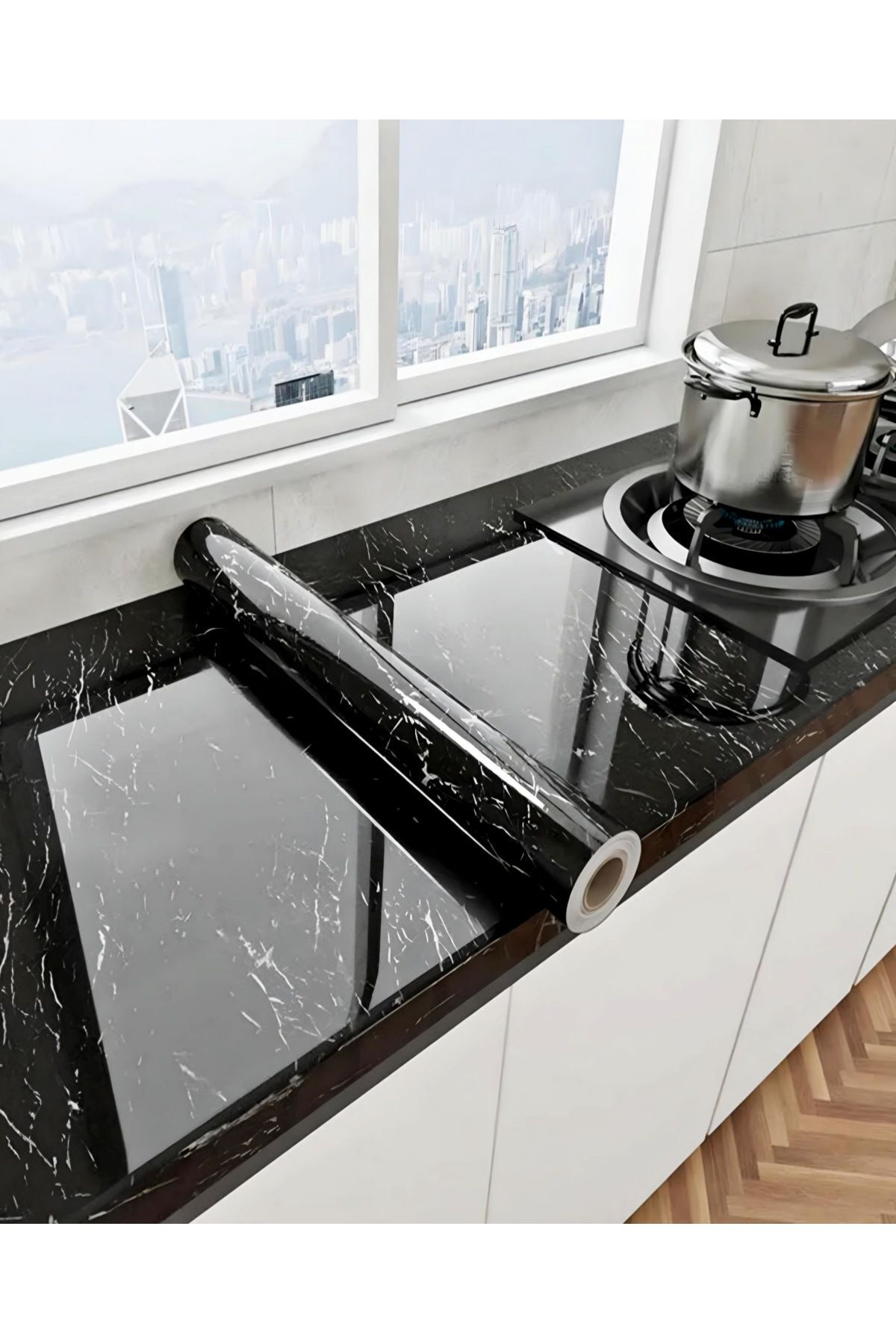 2 Metre Siyah Mermer Desenli Kendinden Yapışkanlı Folyo Duşakabin Fayans Kaplama Banyo Dekorasyonu