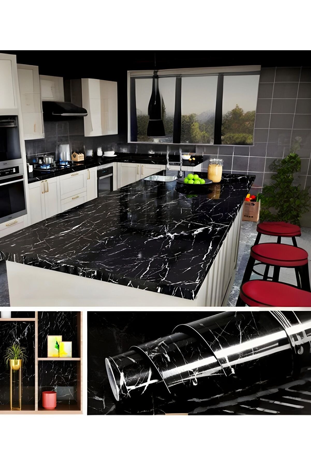 1 Metre Siyah Mermer Desenli Kendinden Yapışkanlı Folyo Duşakabin Fayans Kaplama Banyo Dekorasyonu