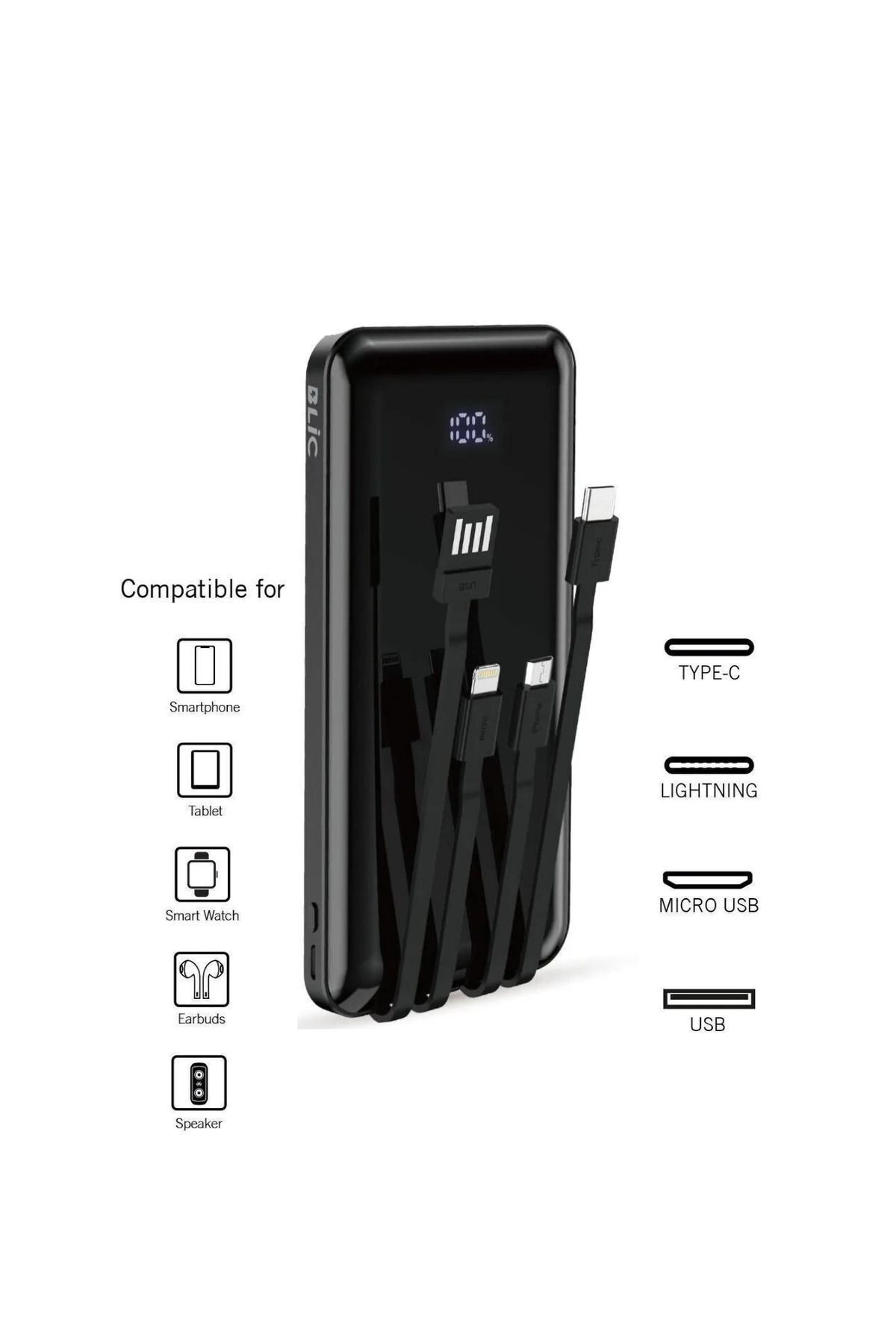 10.000 Mah Plus Dijital Göstergeli Dahili Çoklu Kablolu Powerbank,siyah,taşınabilir Şarj Cihazı Blic