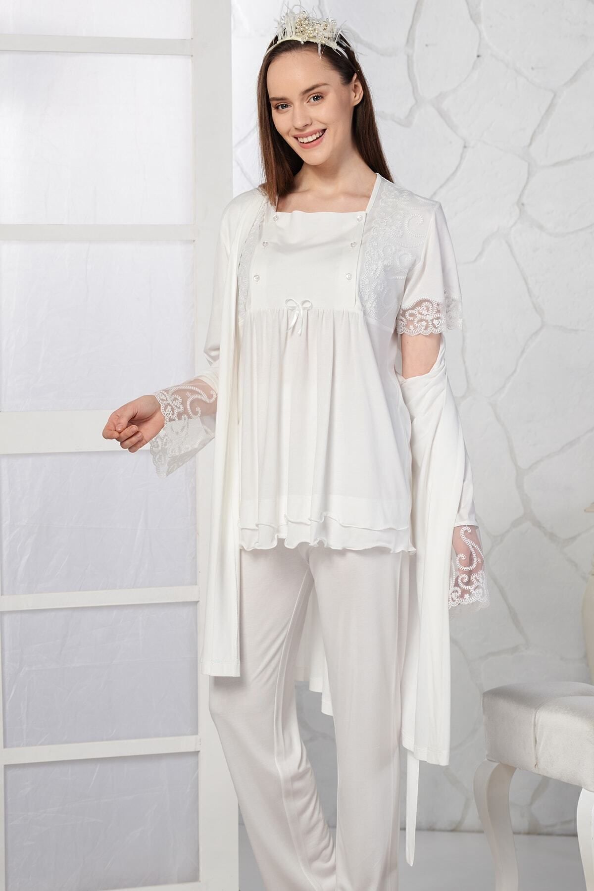 Kadın Ekru Lohusa Sabahlıklı Pijama Takım