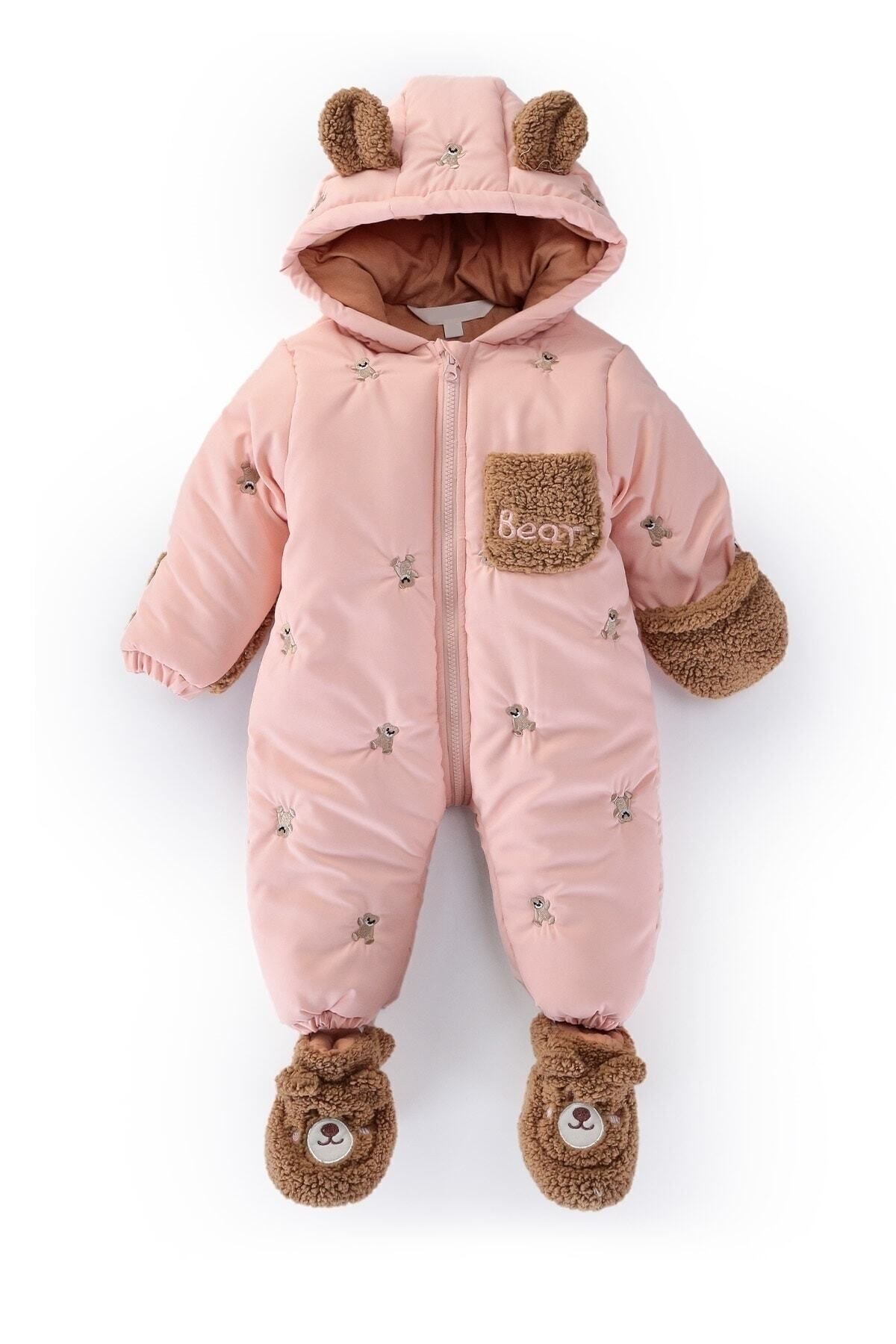 Yeni Bebek Sevimli Ayı Figürlü Kışlık Kürklü Patik-Eldivenli Kapüşonlu Kozmonot-Astronot Tulum