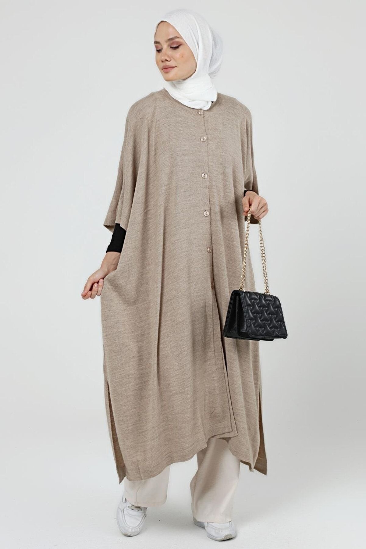 Kadın Düğmeli Uzun Salaş Kışlık Triko Panço 4253