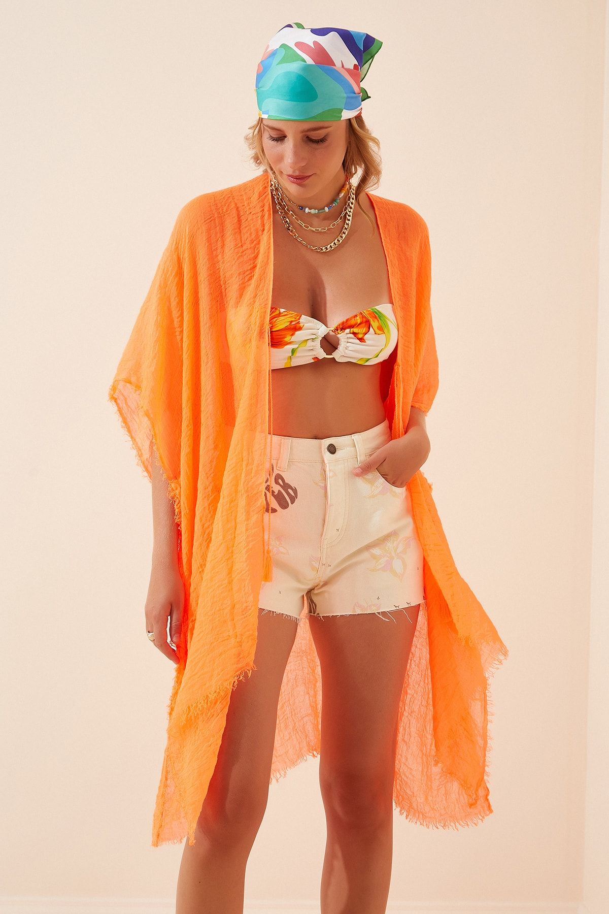 Kadın Oranj Bağlamalı Pamuklu Kimono PD00043
