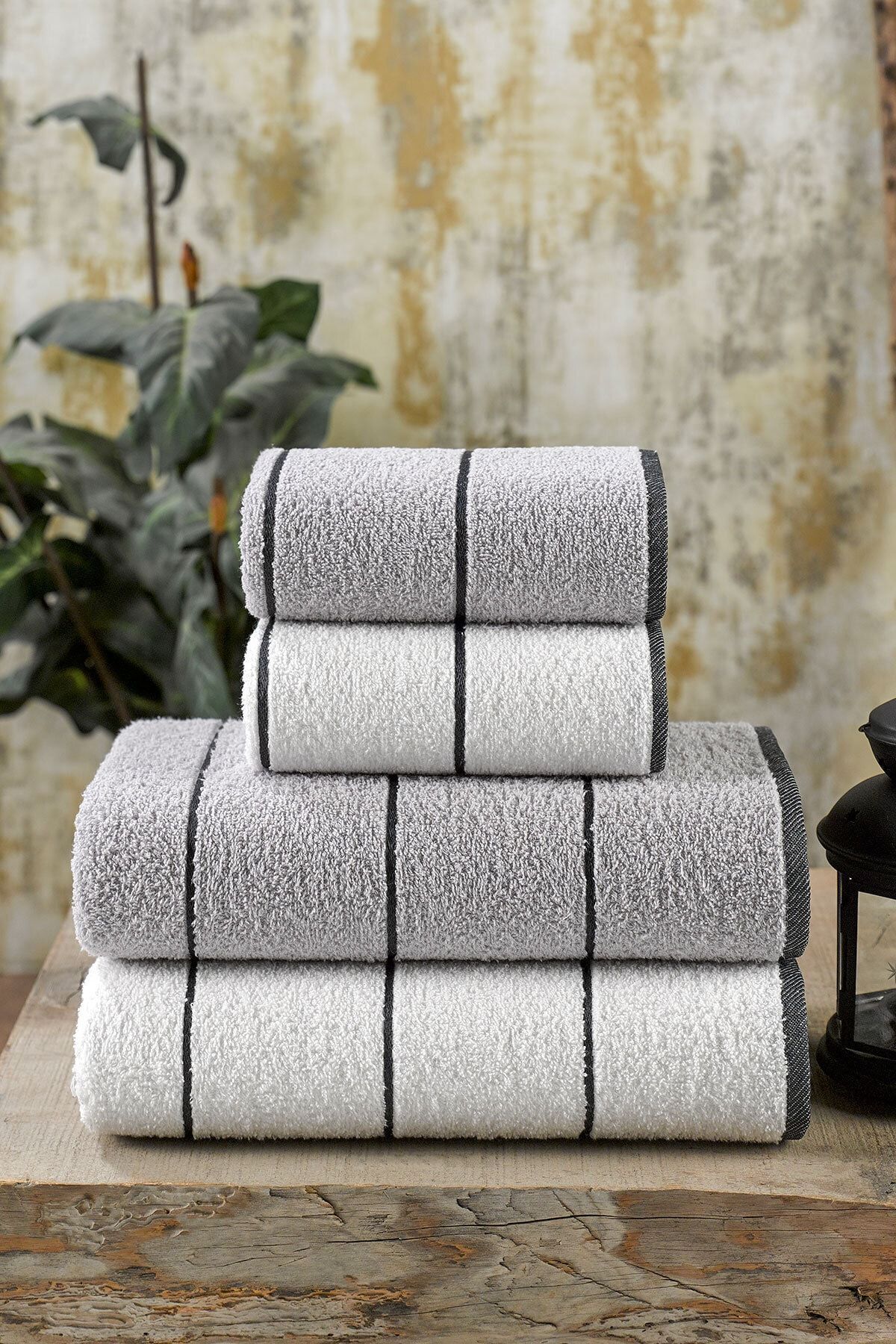 Valona 50 x 85 – 70 x140 cm 4'lü Banyo Havlu Seti | Gri-krem