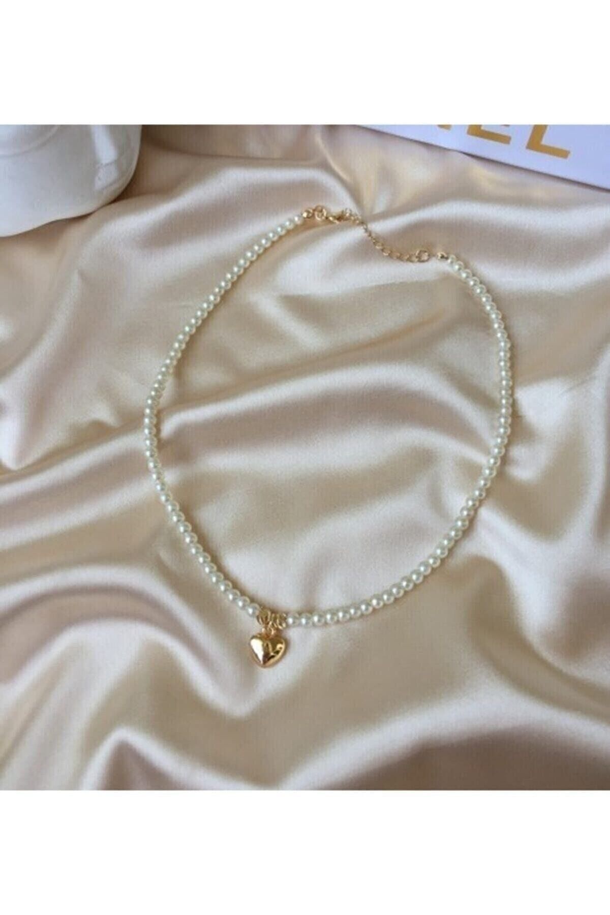 Incili Gold Kalp Uçlu Kolye