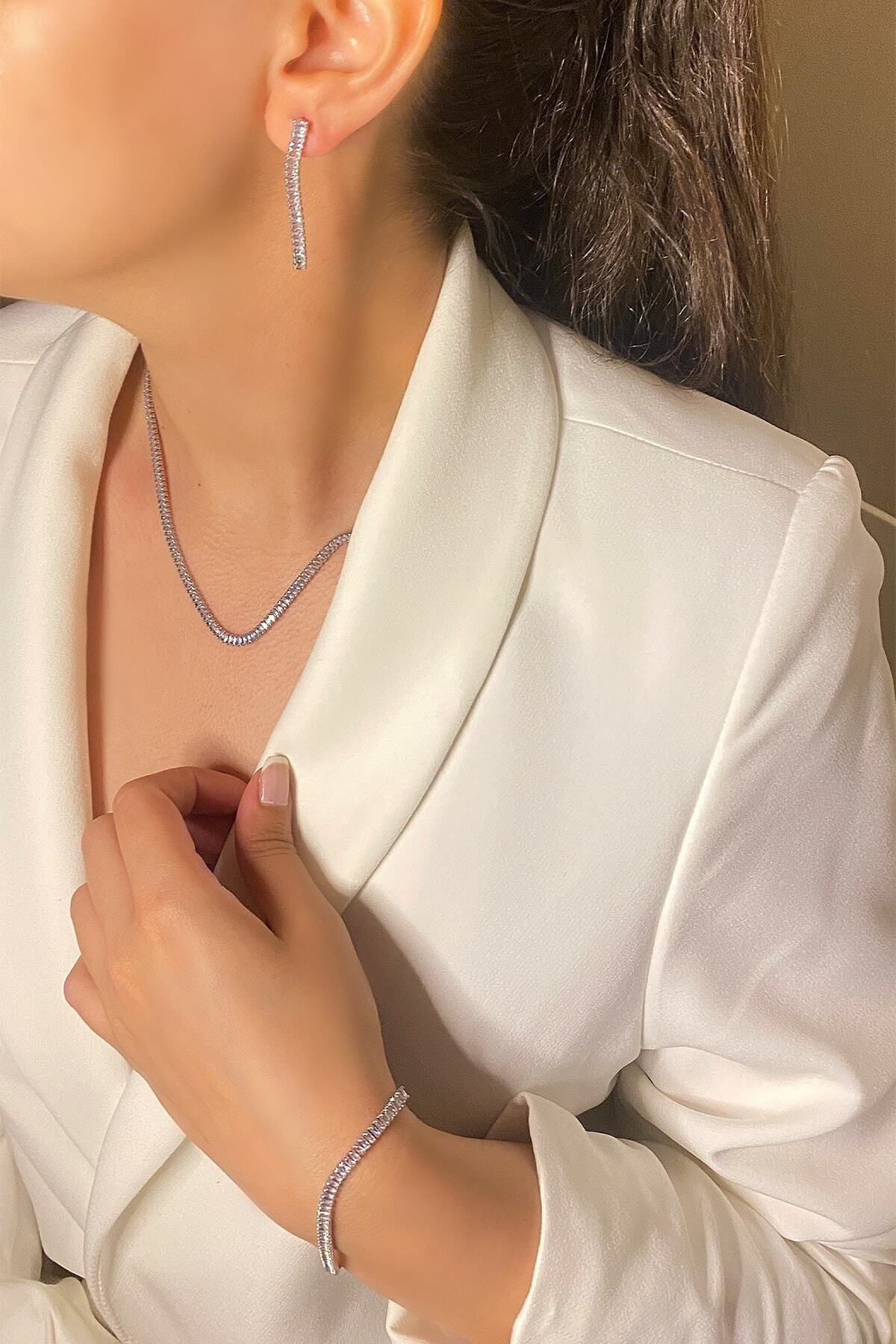 Baget Zirkon Taşlı Su Yolu Kolye & Bileklik & Küpe Seti