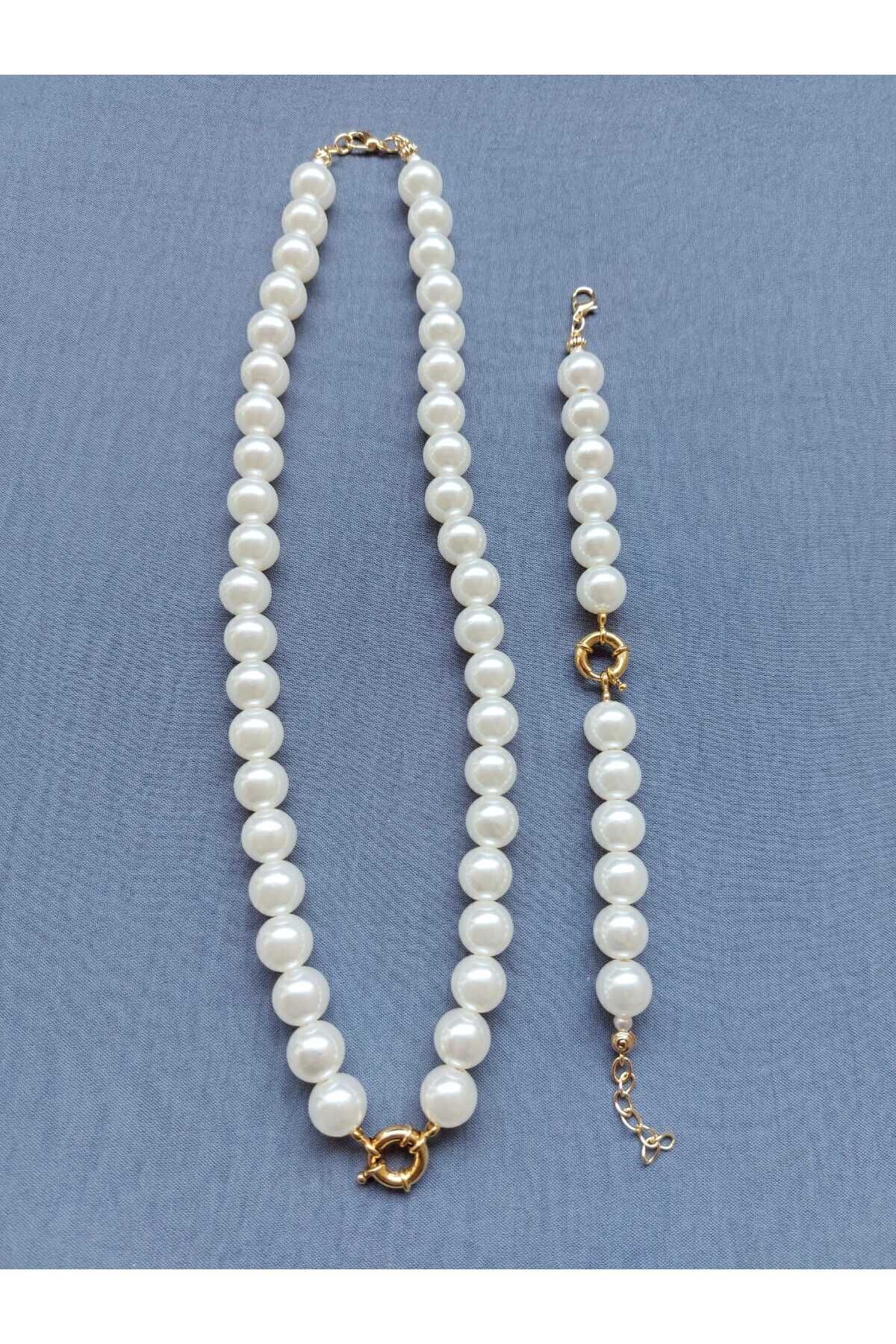 incili 10mm gemici dümeni bileklik kolye 22ayar altın kaplama