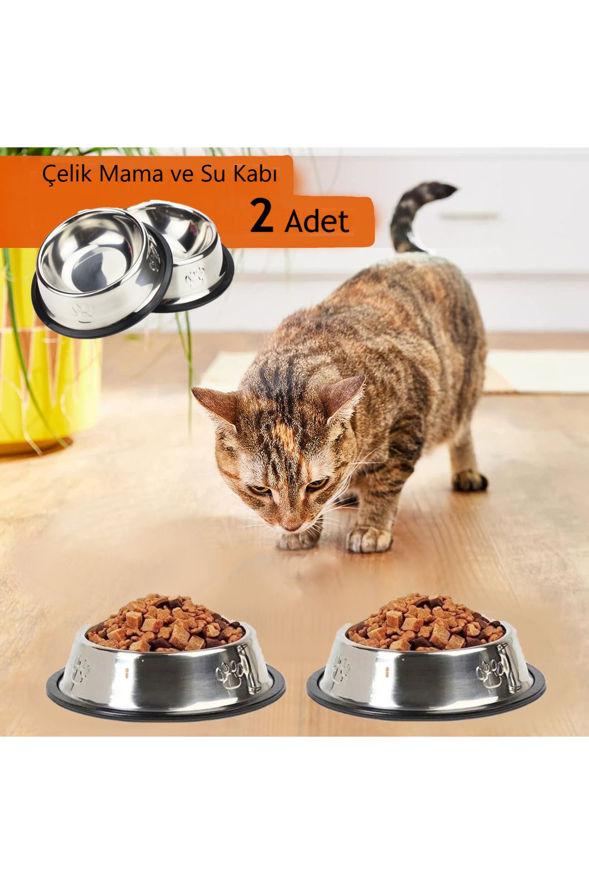2 Adet Paslanmaz Çelik Mama Ve Su Kabı, Alt Taban 16 Cm Kedi Mama Kabı Kedi Su Kabı Köpek Mama Kabı