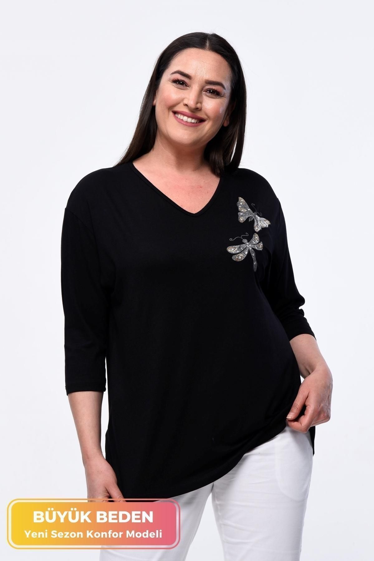 Büyük Beden Yeni Sezon Rahat Esnek Konfor Modeli Kelebek Nakışlı Desen Yarım Kol Anne 4 Mevsim Bluz
