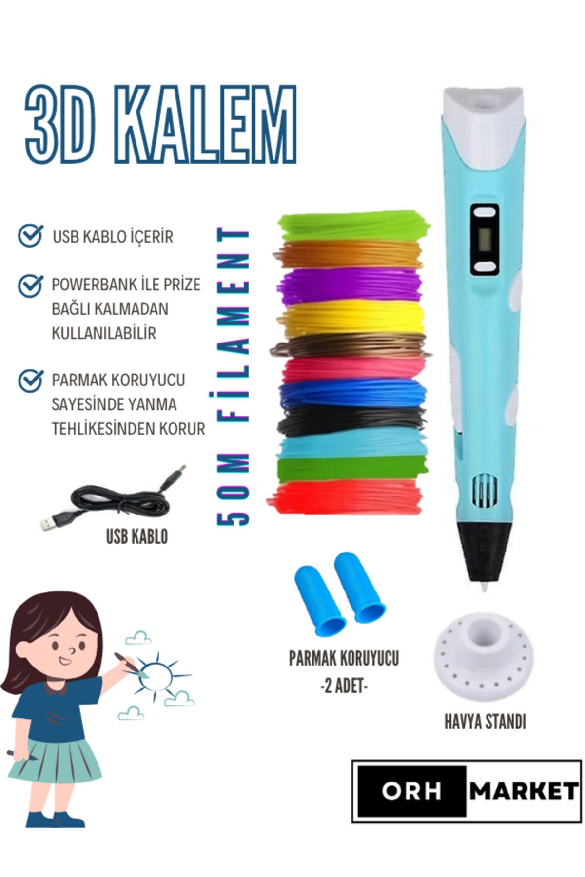 3D Kalem 3D Pen USB Kablolu Üç Boyutlu Yazıcı Kalem Printer-Mavi (10 ADET 5M FİLAMENT -50METRE-)