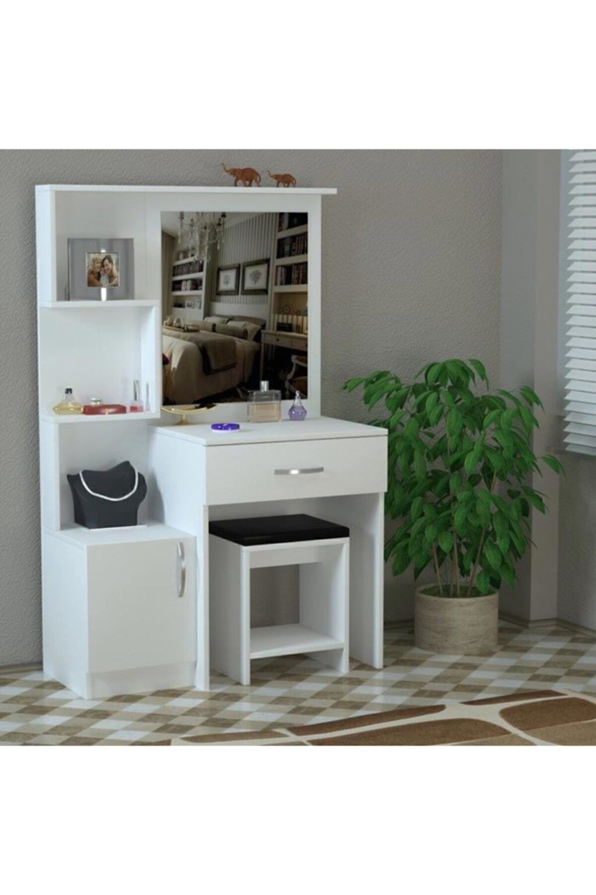 Ae-4002 Novella Puflu Aynalı Makyaj Masası, Dolaplı, Çekmeceli, Raflı, Beyaz, Minderli, Tuvalet