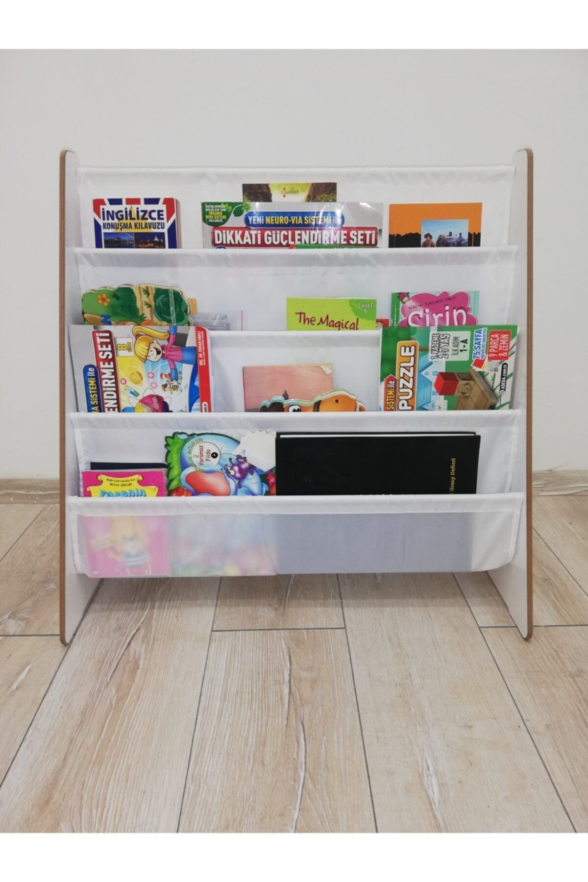 Montessori Ana Sınıfı Kreş Okul Çocuk Odası Kitaplığı Ahşap Kumaş Kitaplık Yıkanabilir Kumaş Beyaz