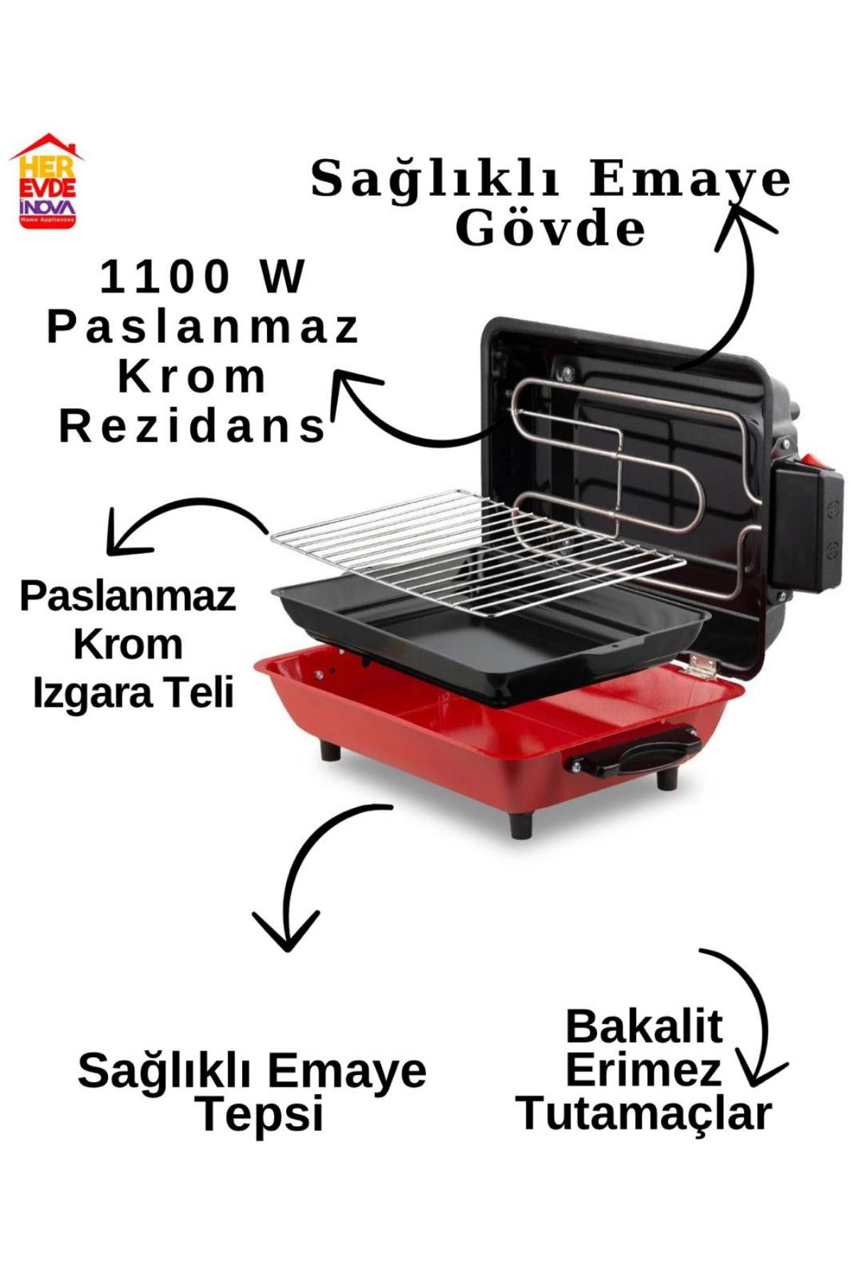 Büyük Boy 40x30 cm Elektrikli Izgara Barbekü Mangal Kebapçı Balıkçı Emaye Gövdeli + Emaye Tepsili