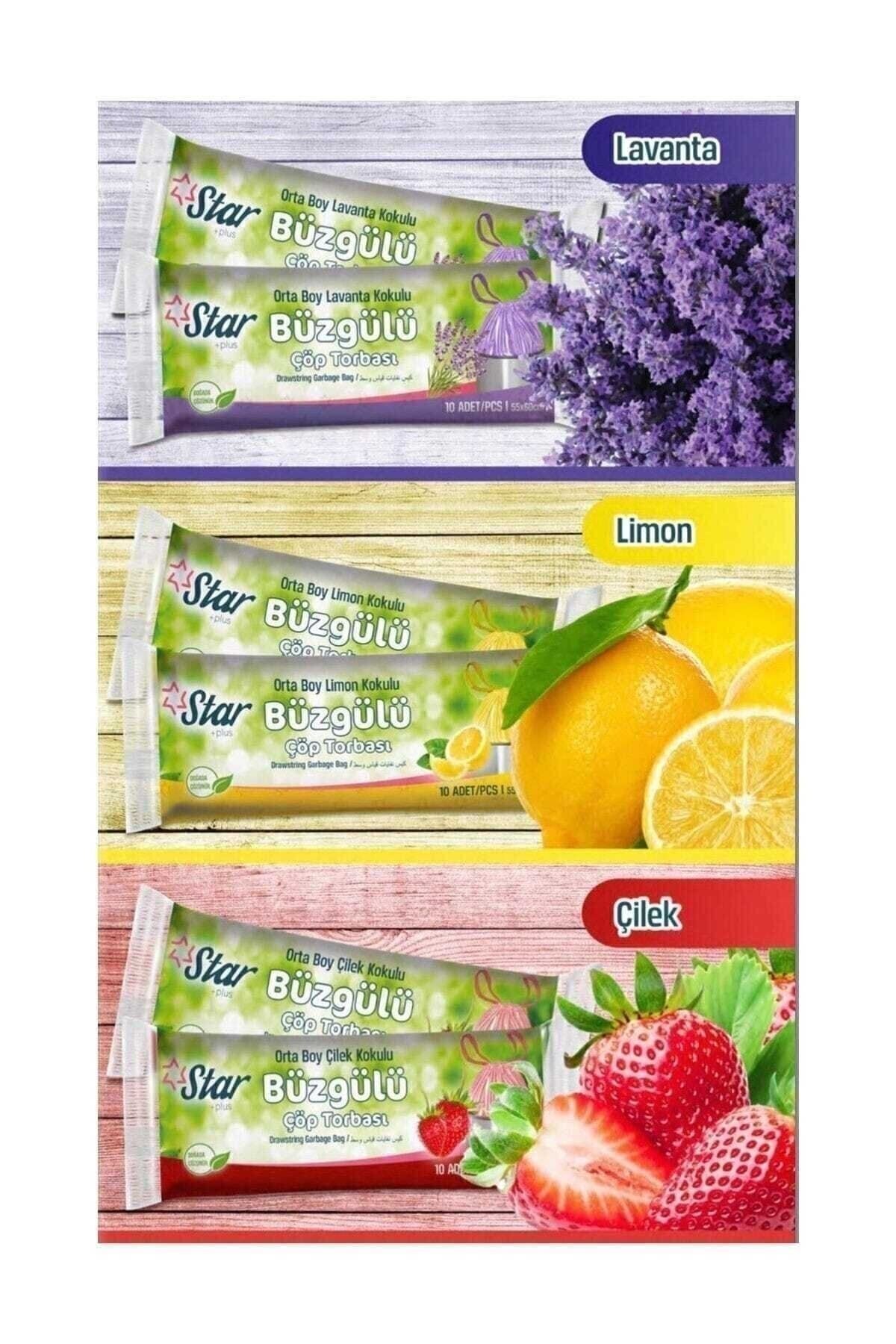 (3 Adet) Lavanta - Limon - Çilek Kokulu Büzgülü Çöp Torbası Orta Boy 120 Gr. 55x60 Cm.