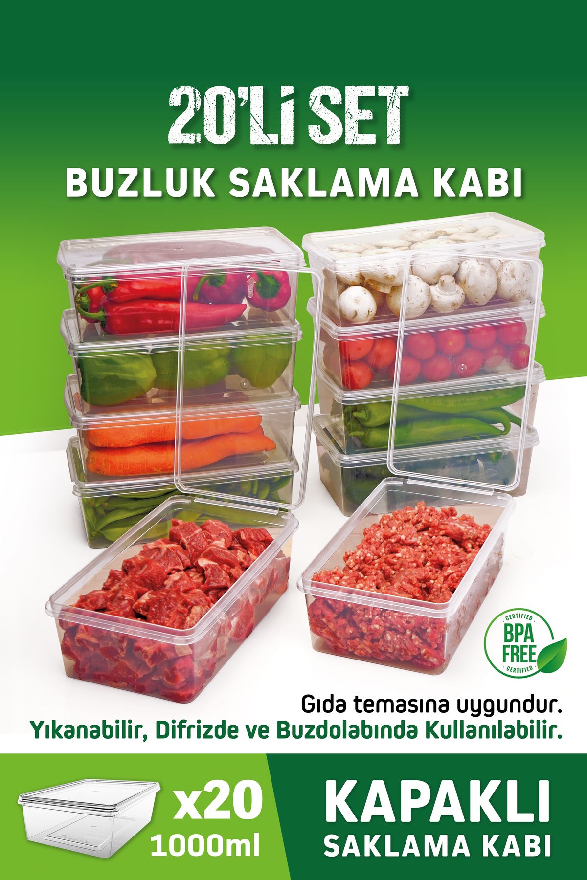 20 Adet 1 Lt. Kendinden Kapaklı Difrize Uygun Buzluk Saklama Kutusu Düzenleyici