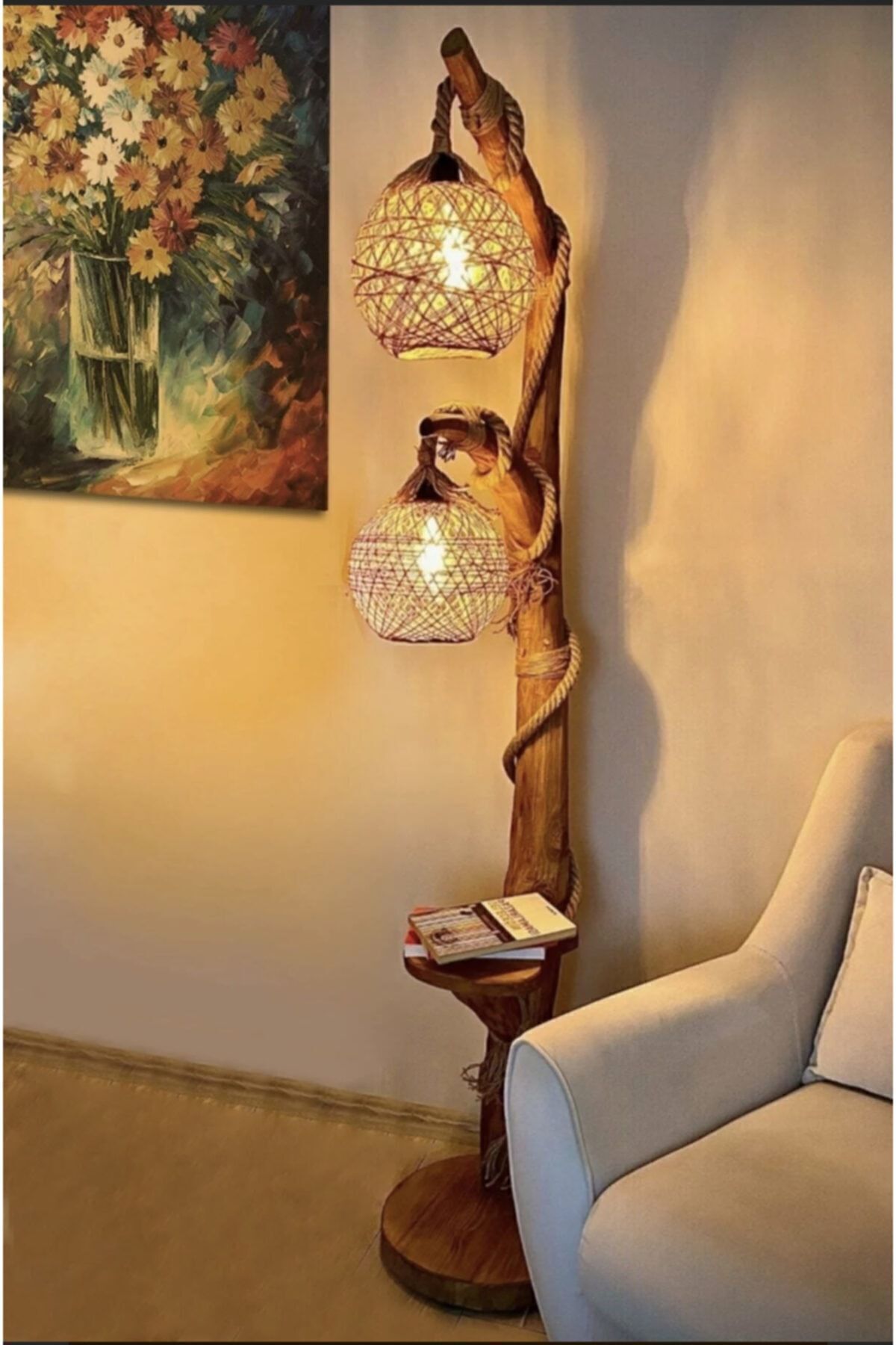 Ağaç Lambader Çift Küre 140 Cm Ahşap Lambader Kütük Köşe Aydınlatma Abajur