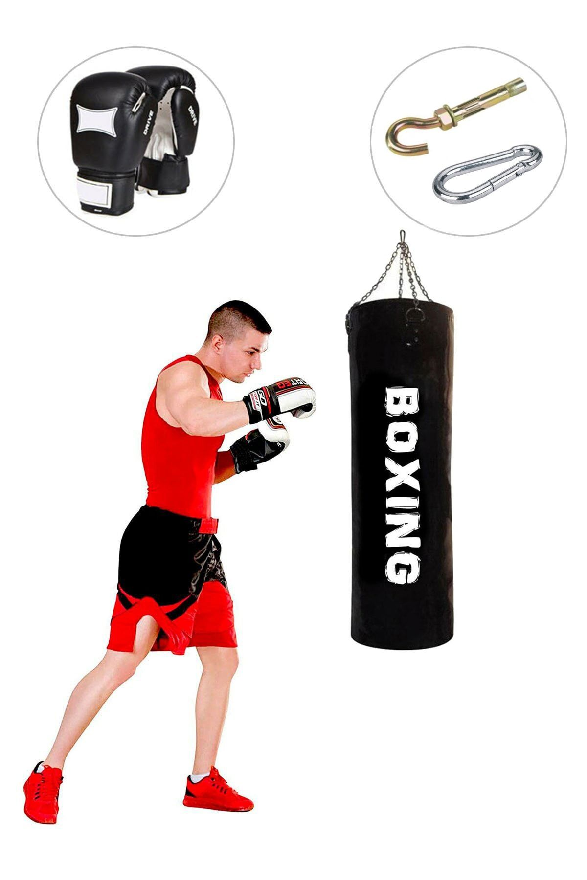 100 Cm X 30 Cm Siyah Boks Torbası Boks Eldiveni Tavan Kancası - 3' Lü Set - Dolu