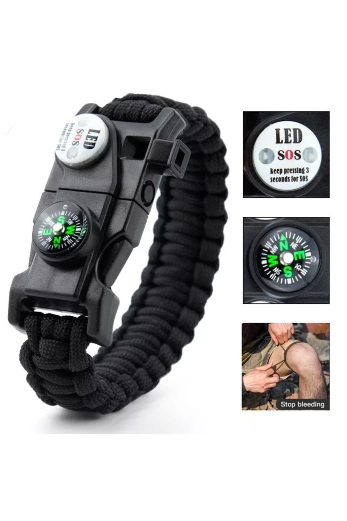 Paracord Acil Durum Sos Led Işıklı Paracord Bileklik + Pusula + Düdük + Ateş Başlangıcı