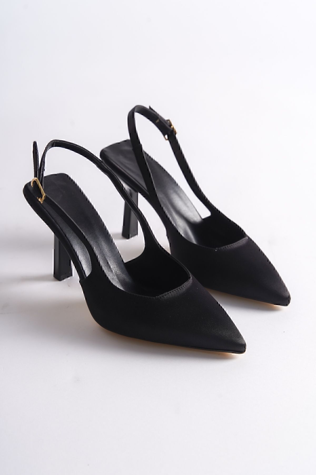 Saten Stiletto Sivri Burun Arkası Bantlı Topuğu Açık Günlük Rahat Kadın Topuklu Ayakkabı