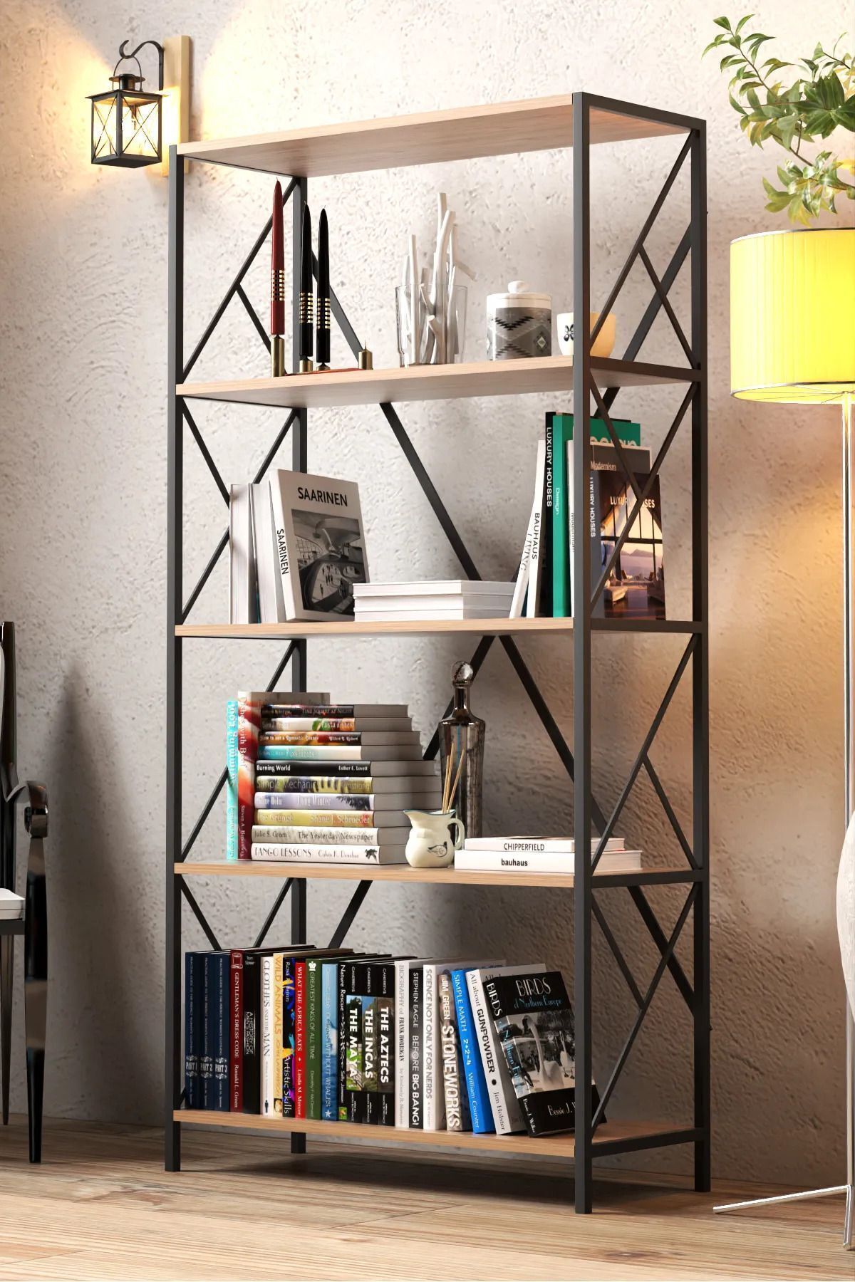 Dekoratif 5 Raflı Kitaplık Geniş Metal Kitaplık Dosya Kitap Rafı Ofis Salon Raf 90x180cm