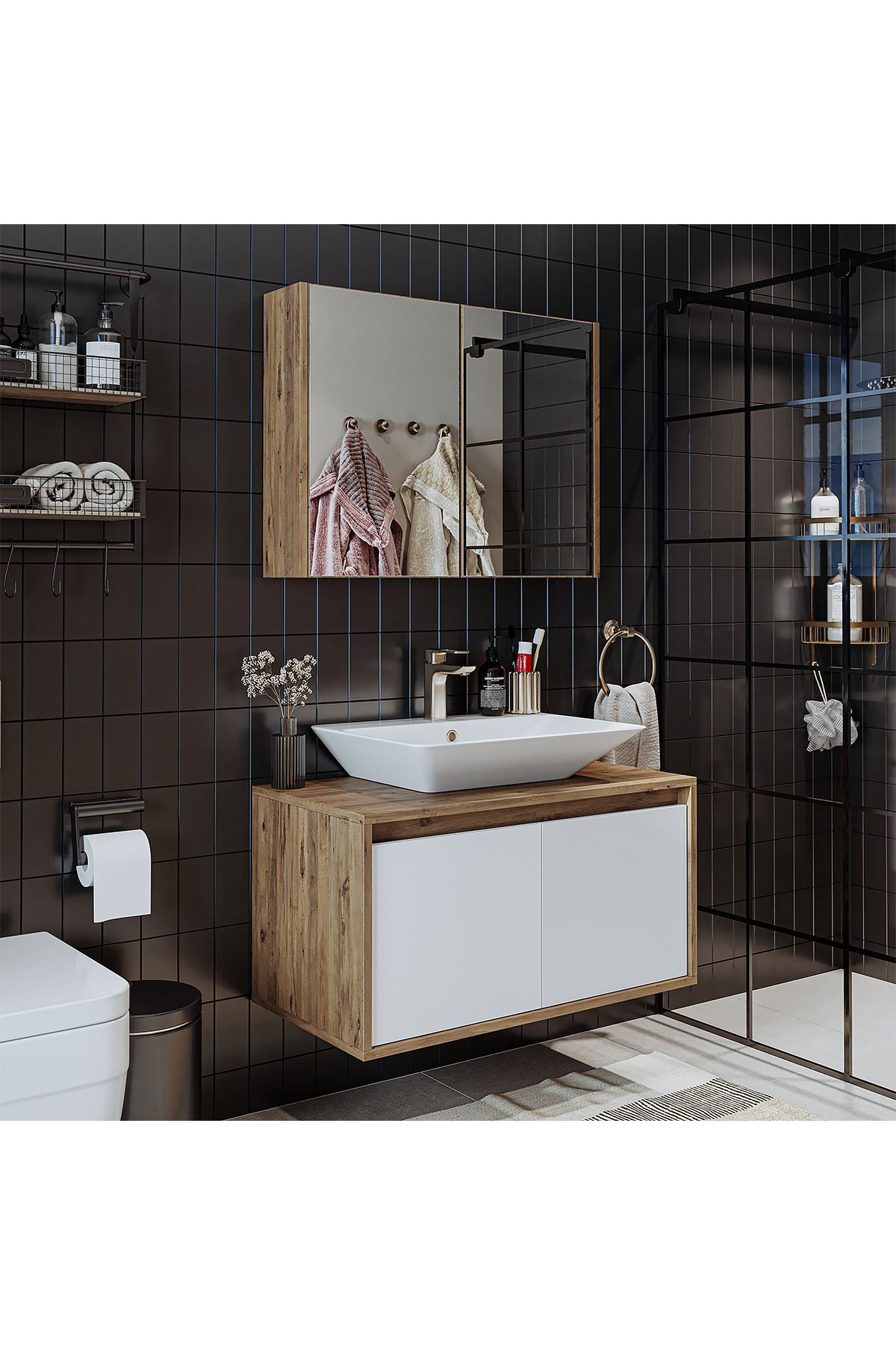 Tm7.2 Ayaksız 2 Kapaklı Lavabolu Ahşap-mat Beyaz Mdf 85 Cm Banyo Dolabı+aynalı Üst Dolabı