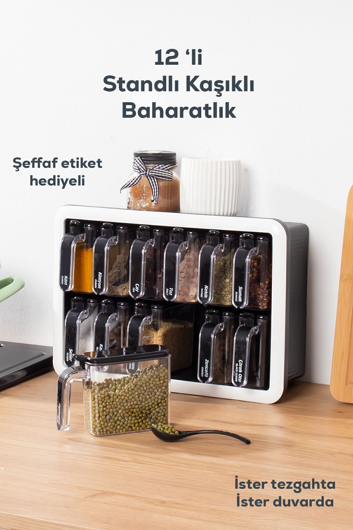 1041 Standlı 12 Li Kendinden Yapışkanlı Kaşıklı Kapaklı Baharatlık Takımı-etiketli Baharatlık-siyah