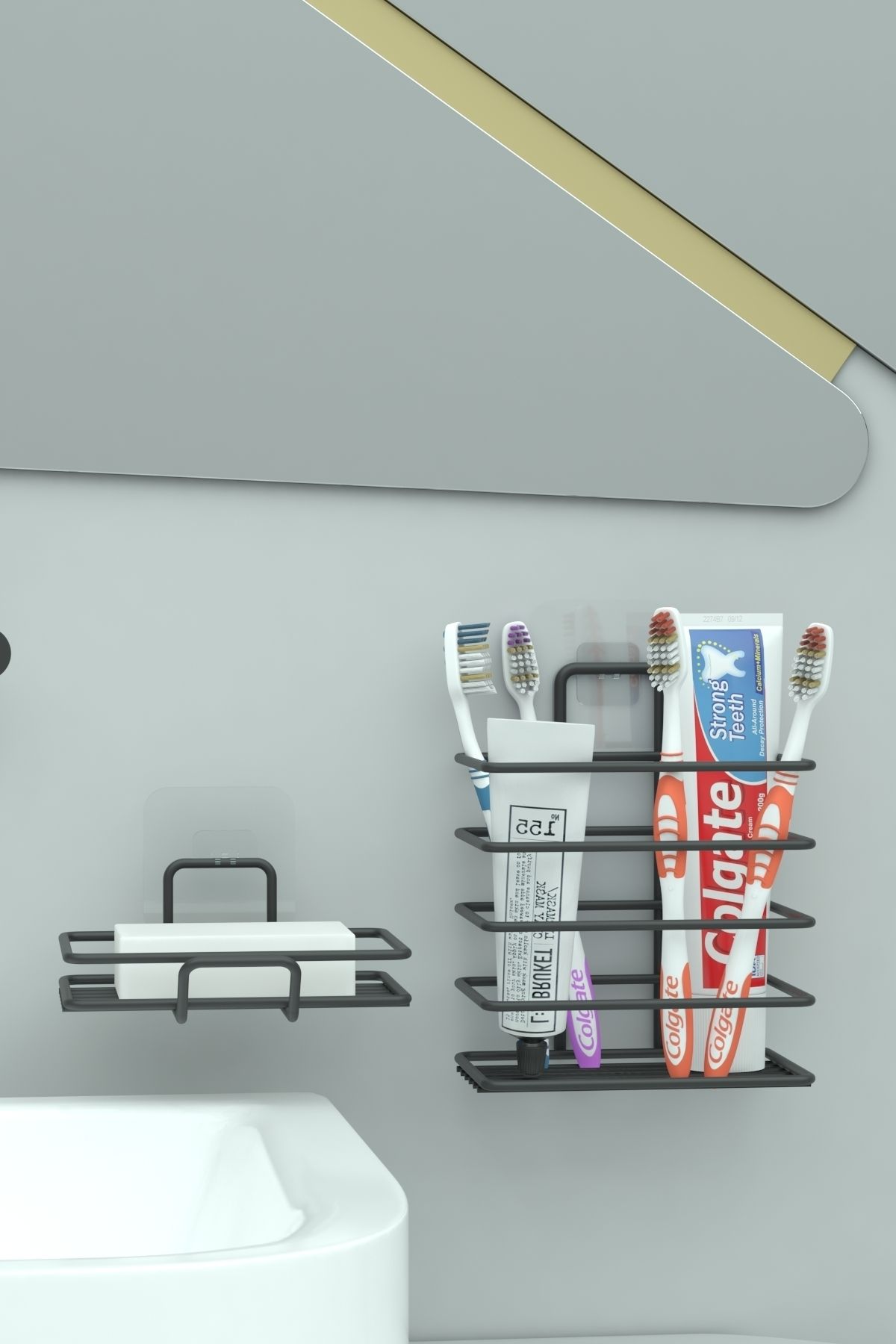 Yapışkanlı Metal Diş Fırçalık + Banyo Sabunluk 2li Set