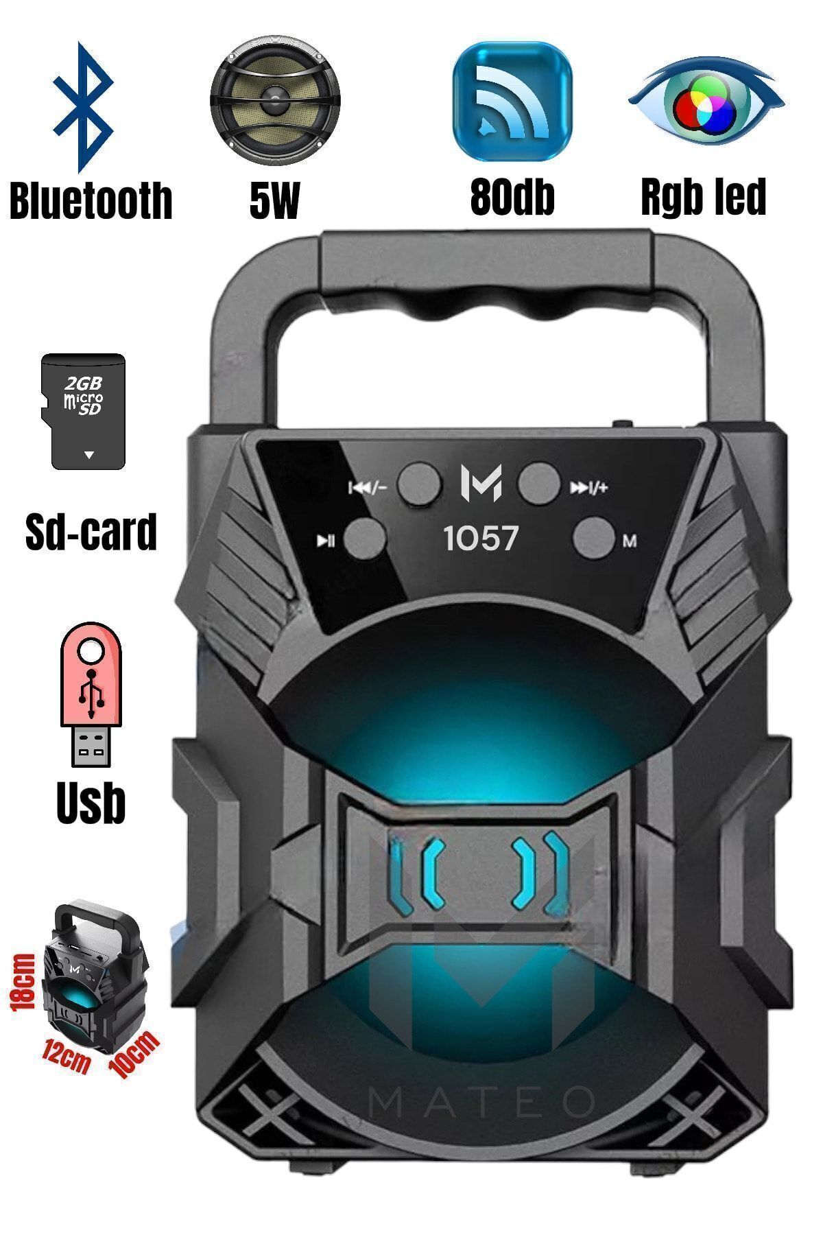 Siyah 1057 Işıklı Bluetooth Hoparlör Ses Bombası Yüksek Ses Fm  Yeni 2024 İthalatçı Garantili 2 Yıl