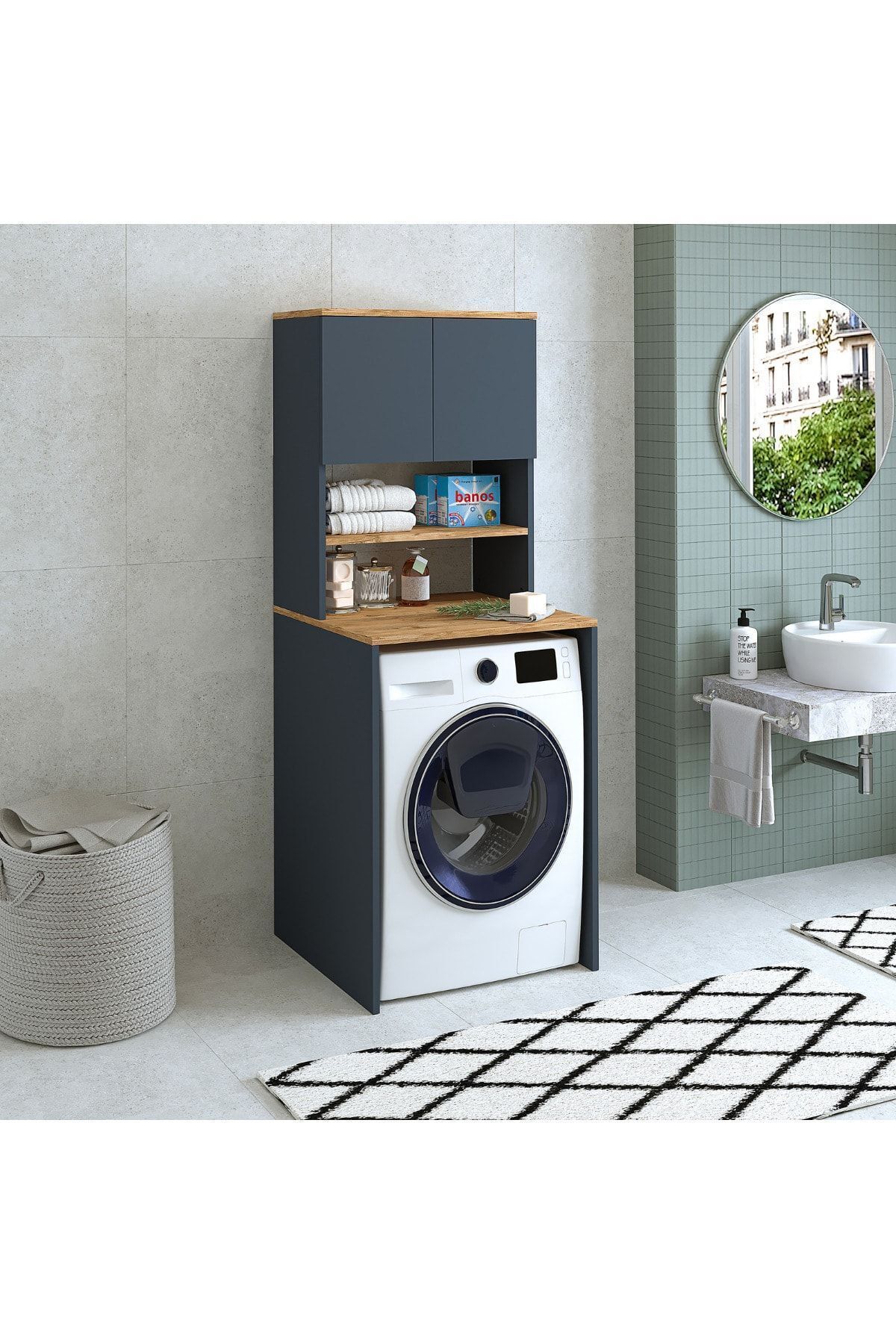 Cd10 Çamaşır-kurutma Makinesi Dolabı 3 Raflı 2 Kapaklı Banyo Dolabı Mat Antrasit-ahşap 1713
