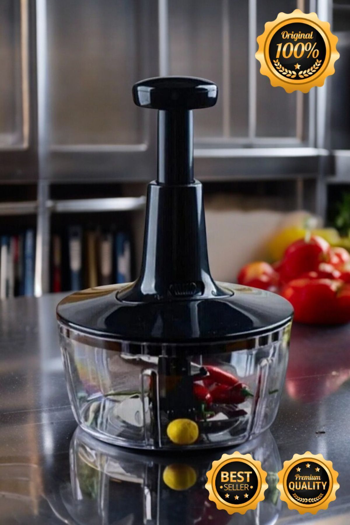 Siyah Bas Kes Xl Pratik El Robotu 1500ml Yeni Nesil Doğrayıcı, Büyük El Rondosu , Pratik Rondo