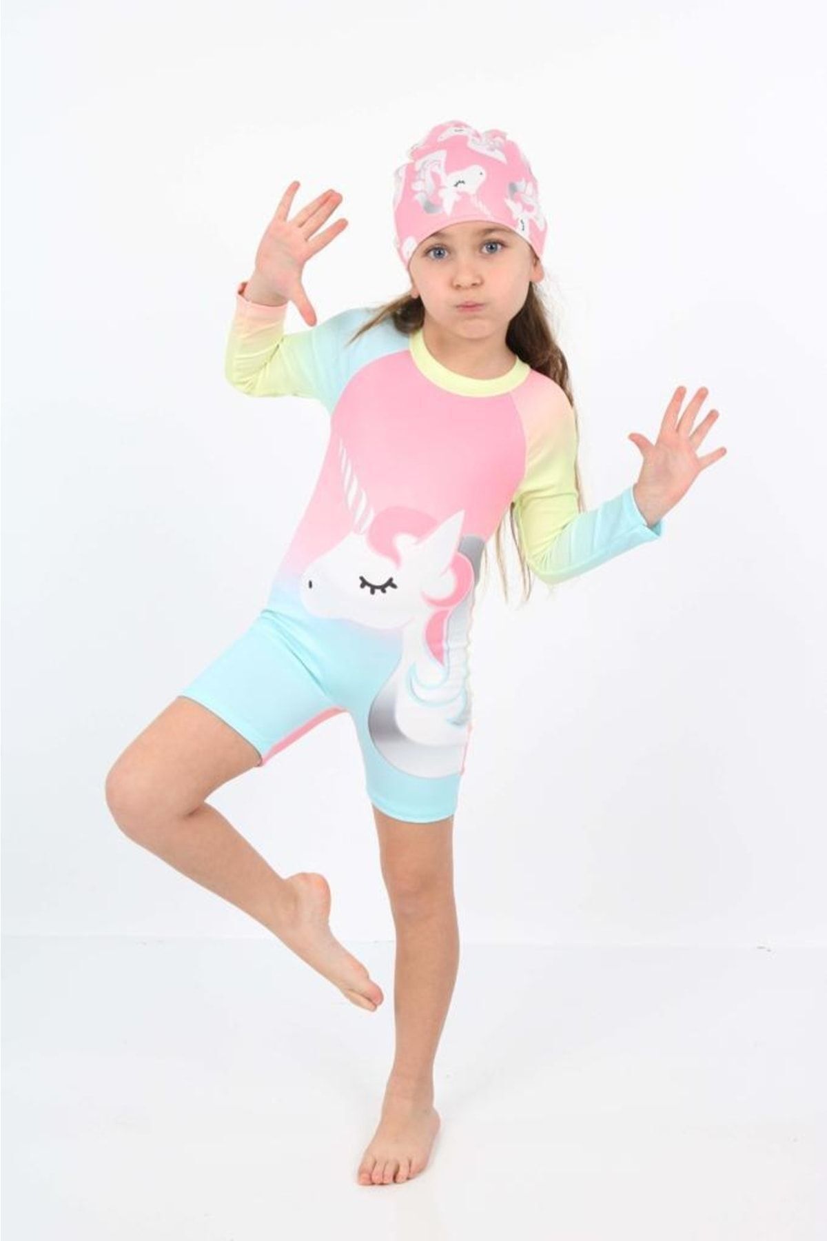 Sevimli Karakterler Güneş Koruyucu Uzun Kol Hipster Model Fermuarlı Mayo Bone