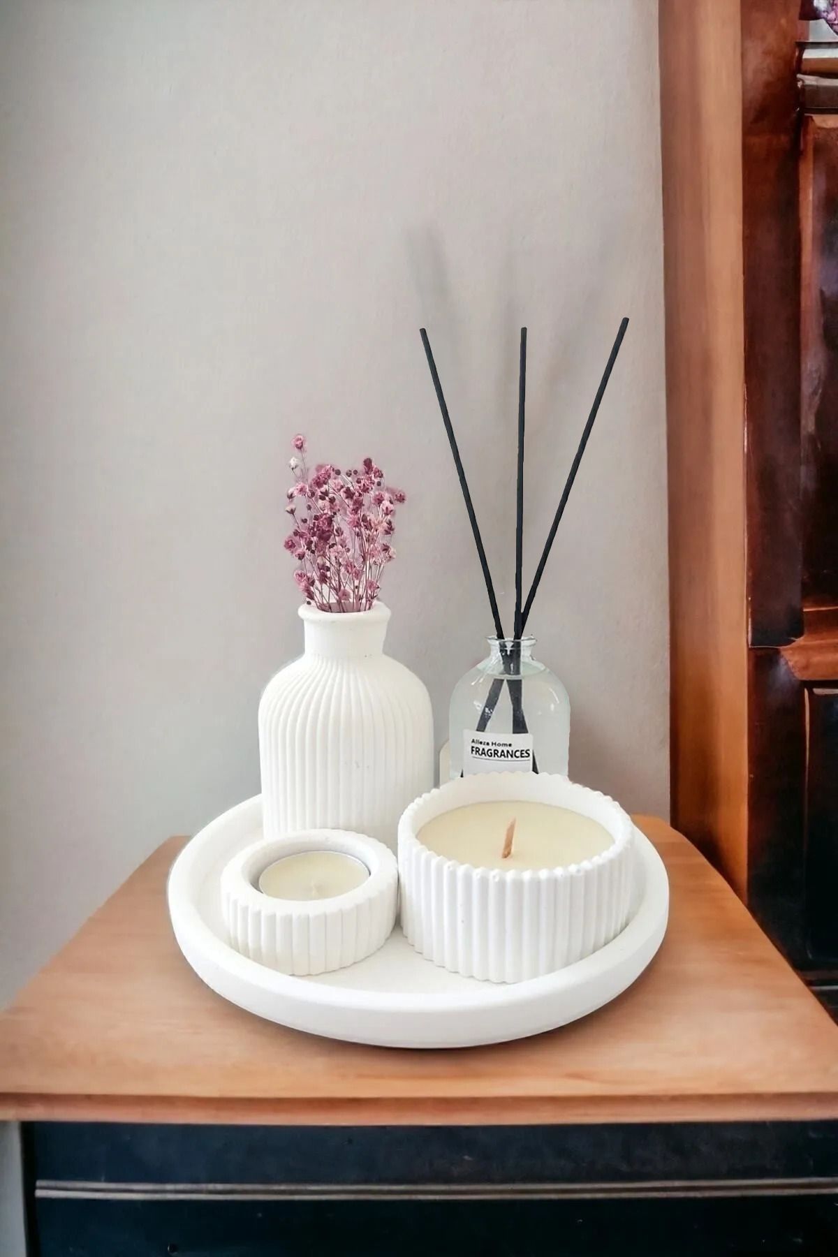 Dekoratif Minyatür Çizgili Vazo Fresh Soft Koku Mumlu Set (TEALİGHT MUM DAHİL DEĞİLDİR)