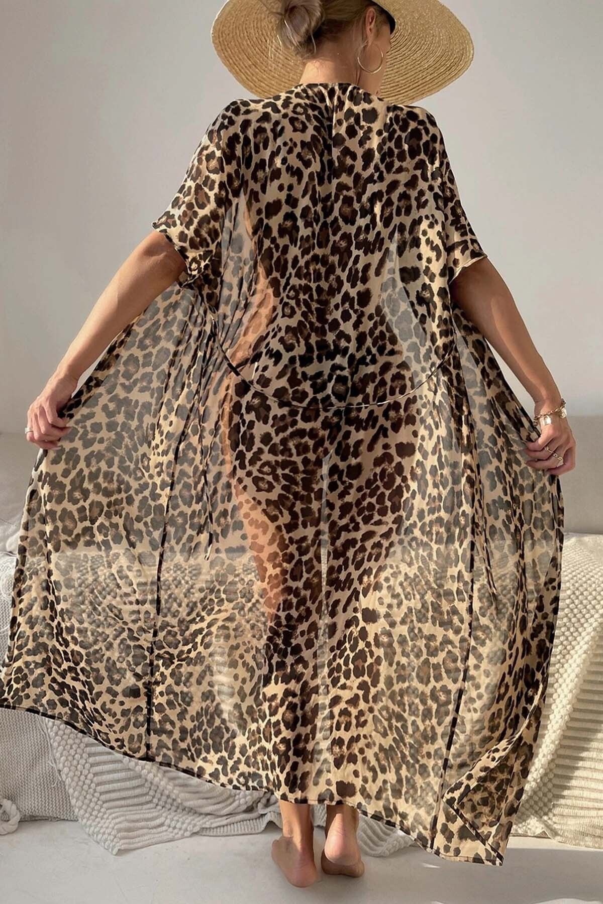 Şifon Uzun Önden Bağlamalı Leopar Plaj Elbisesi Pareo Kimono