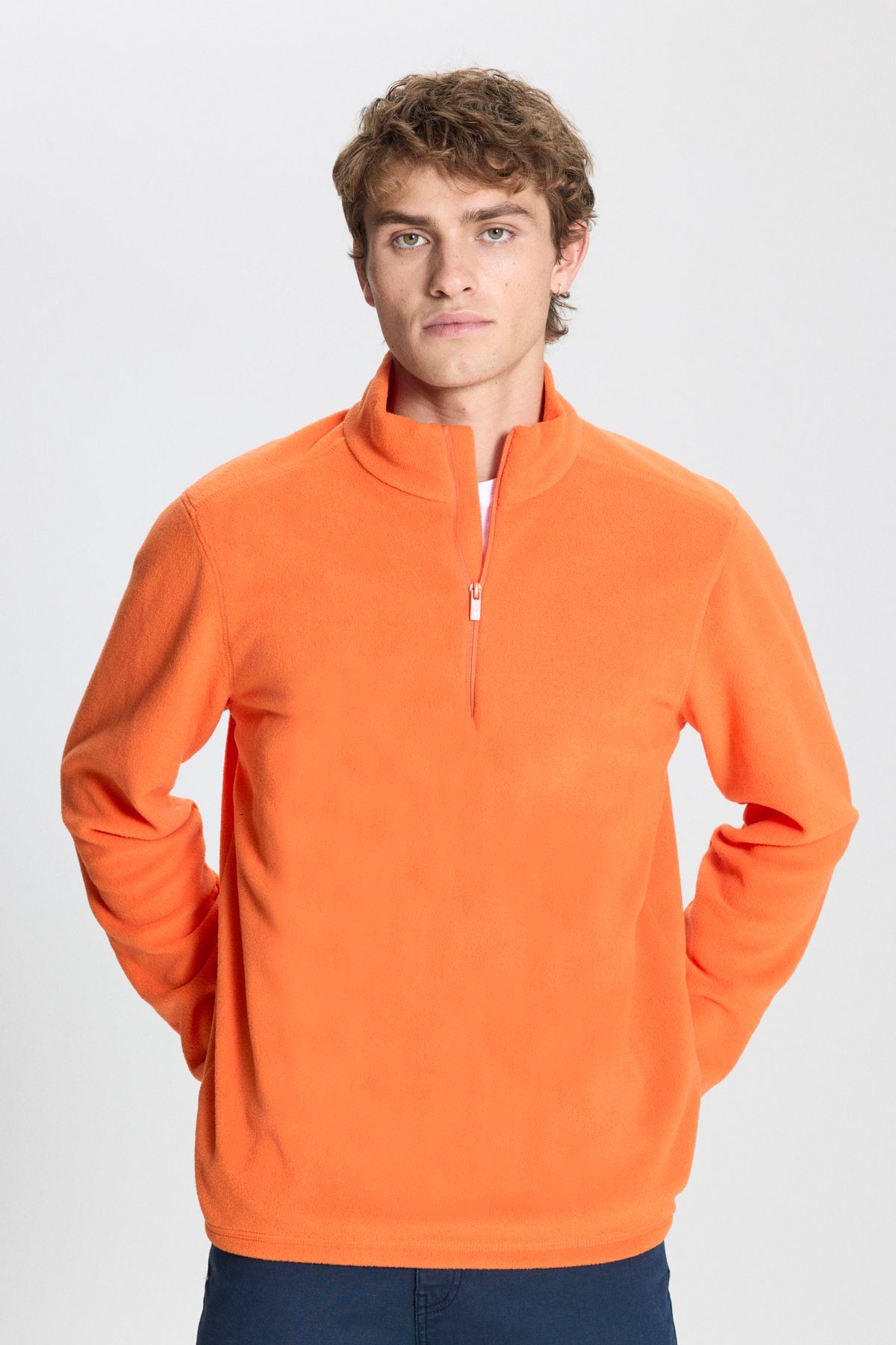 Erkek Turuncu Anti-pilling Tüylenme Yapmayan Standart Fit Dik Yaka Soğuk Geçirmez Polar Sweatshirt