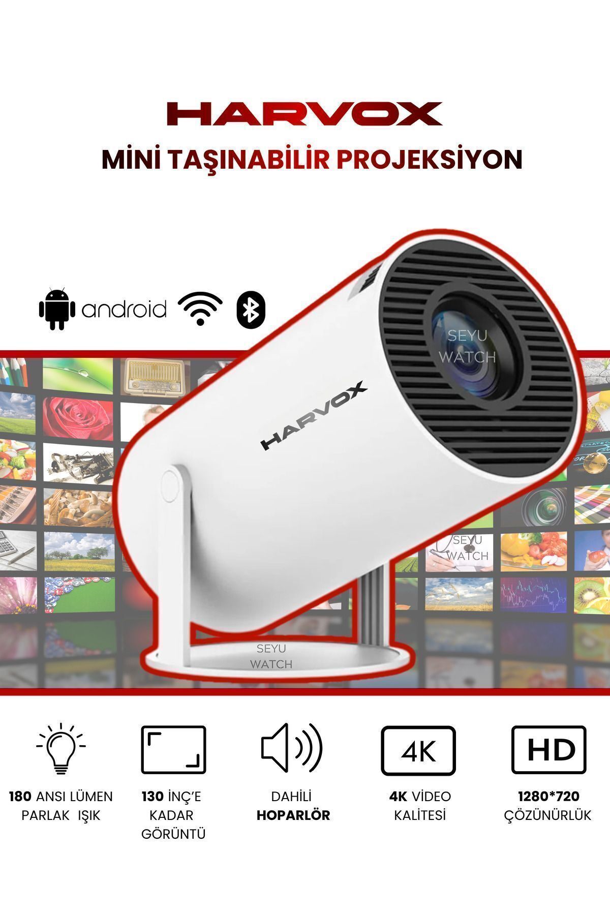 Taşınabilir 130" inç Yansıtma Sinema Projeksiyon Cihazı Ev Sineması Dahili Android 11.0, Bluetooth