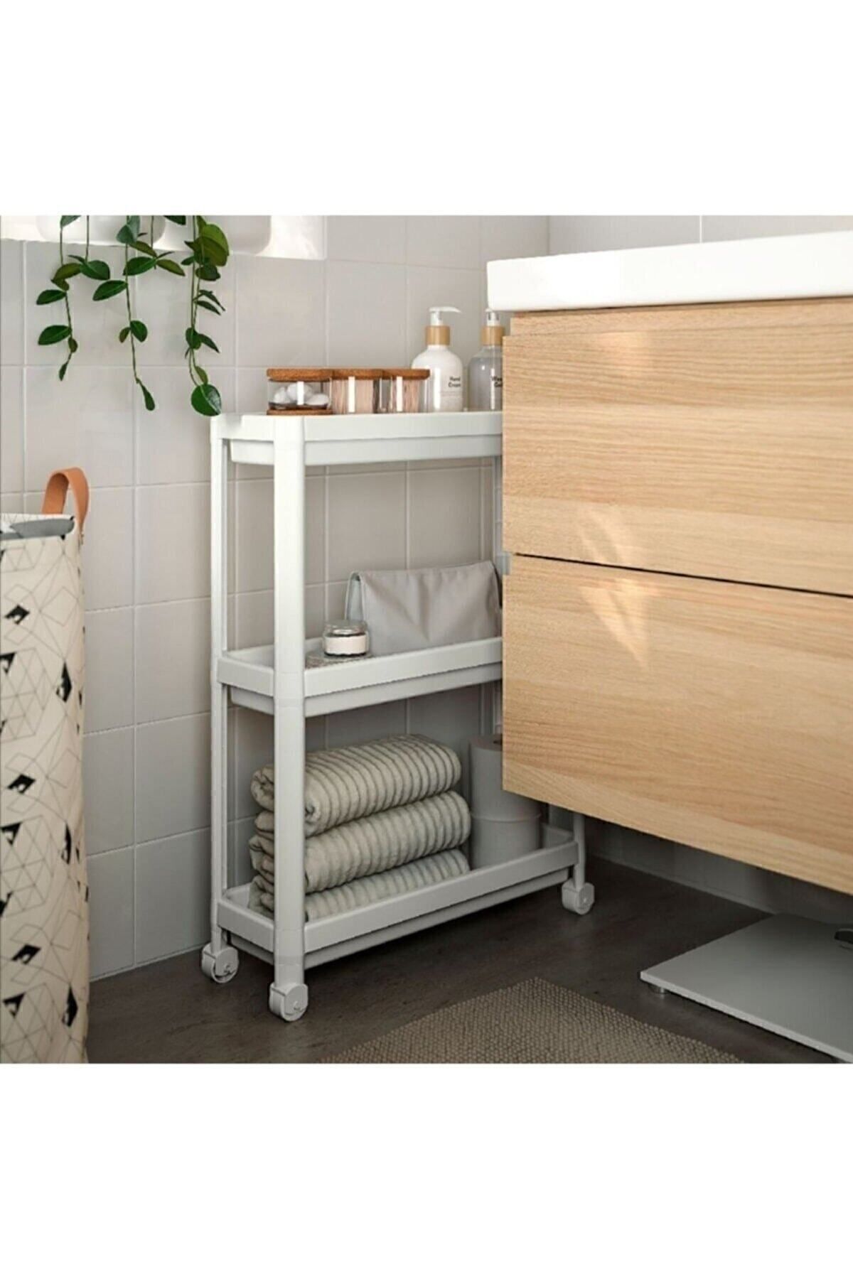 Vesken Tekerlekli Raf Ünitesi 3 Katlı Beyaz Banyo Rafı Mutfak Rafı Servis Sehpası Organizer