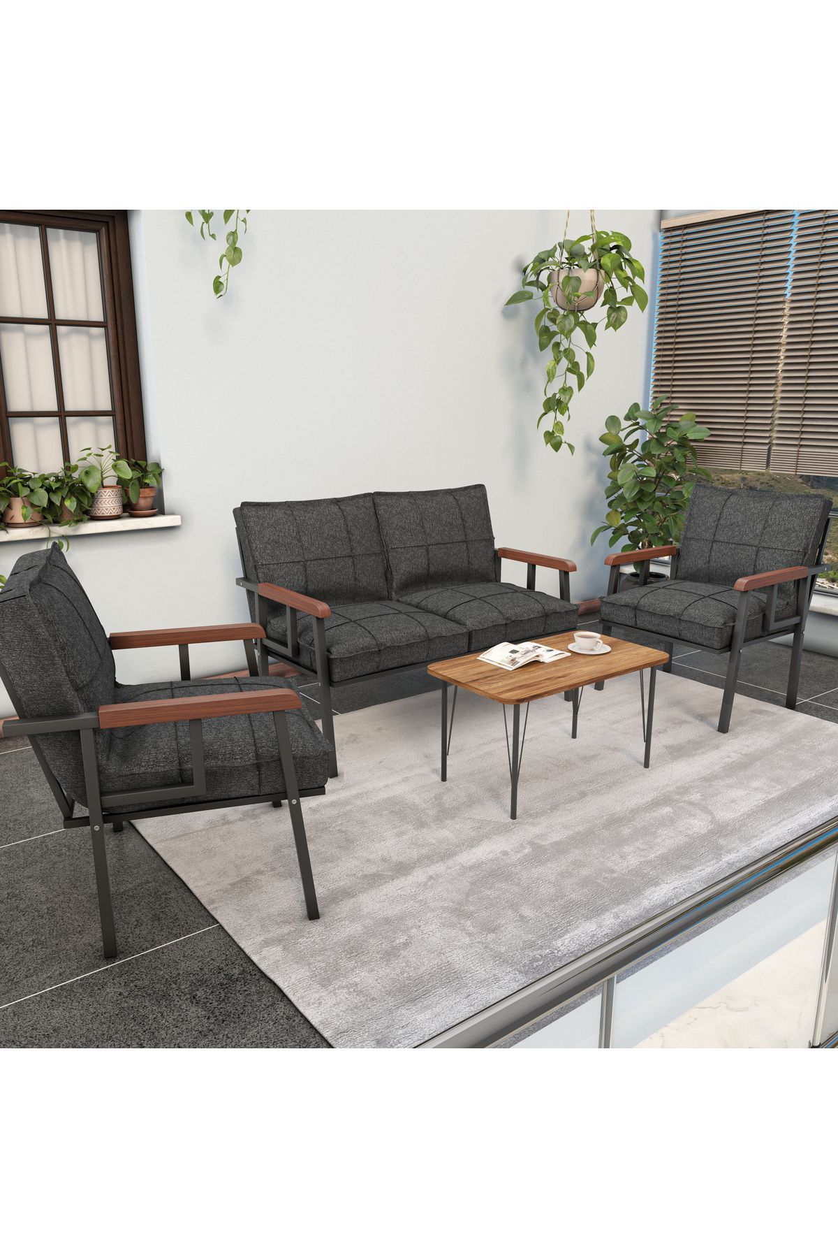 " Modern'' Serisi Balkon, Bahçe, Cafe - Metal Kanepe Koltuk Takımı - 2 1 1 Sehpa Hediyeli - Antrasit