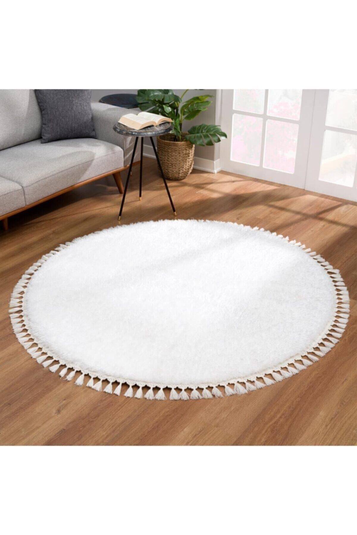 Vl Yuvarlak Comfort Ponpon Saçaklı Peluş Halı Beyaz