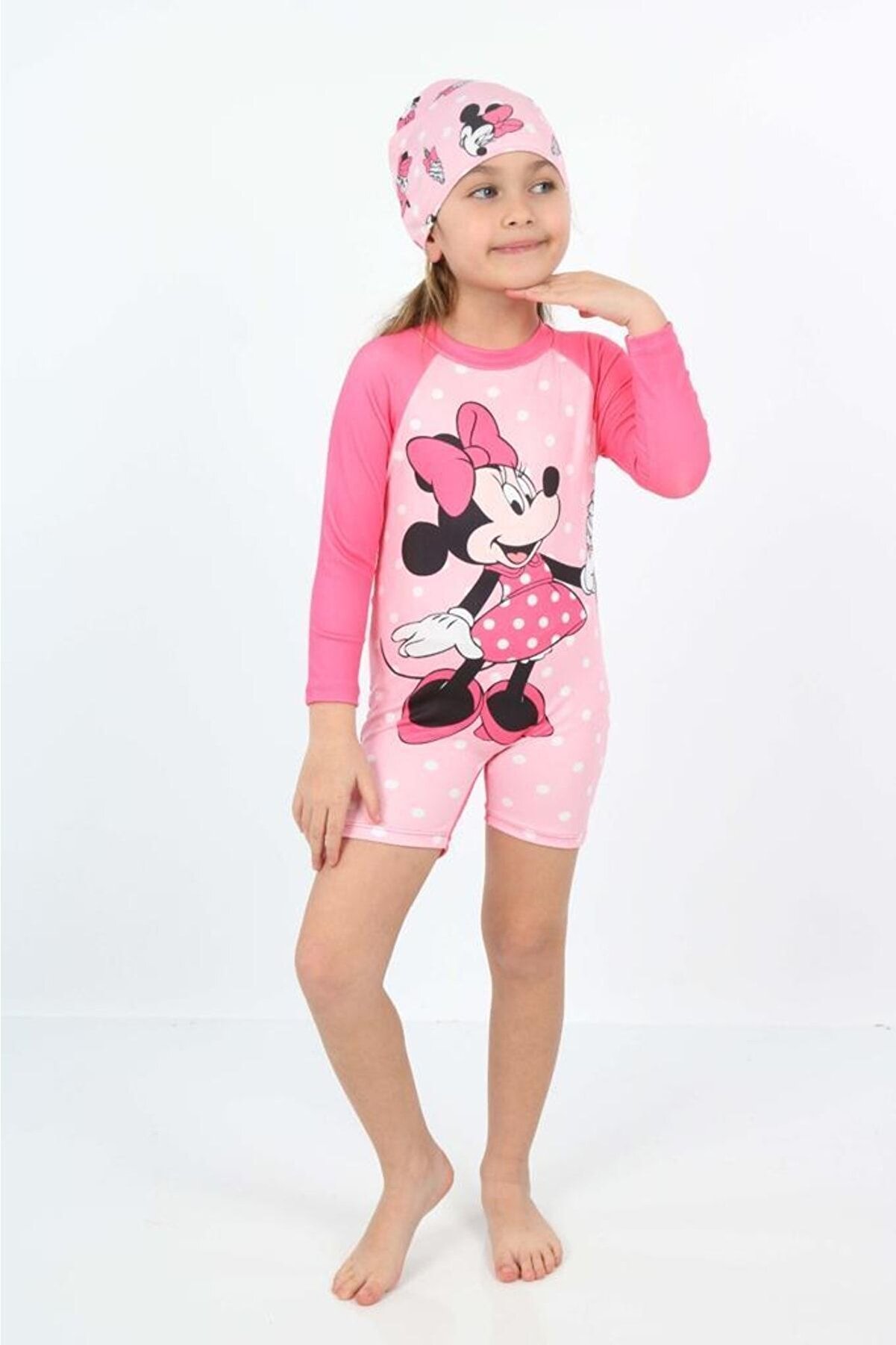 Sevimli Karakterler Güneş Koruyucu Uzun Kol Hipster Model Fermuarlı Mayo Bone Hediyeli