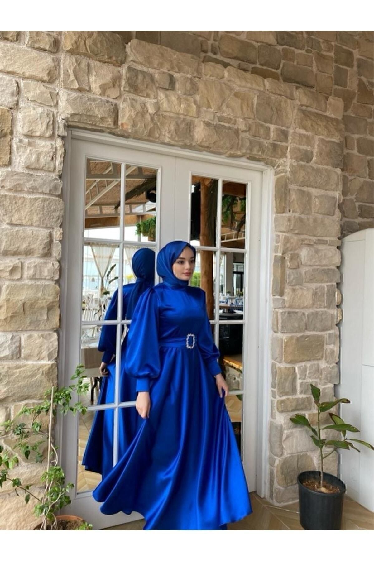 Kadın Mavi Saten Kemerli Bellae Elbise