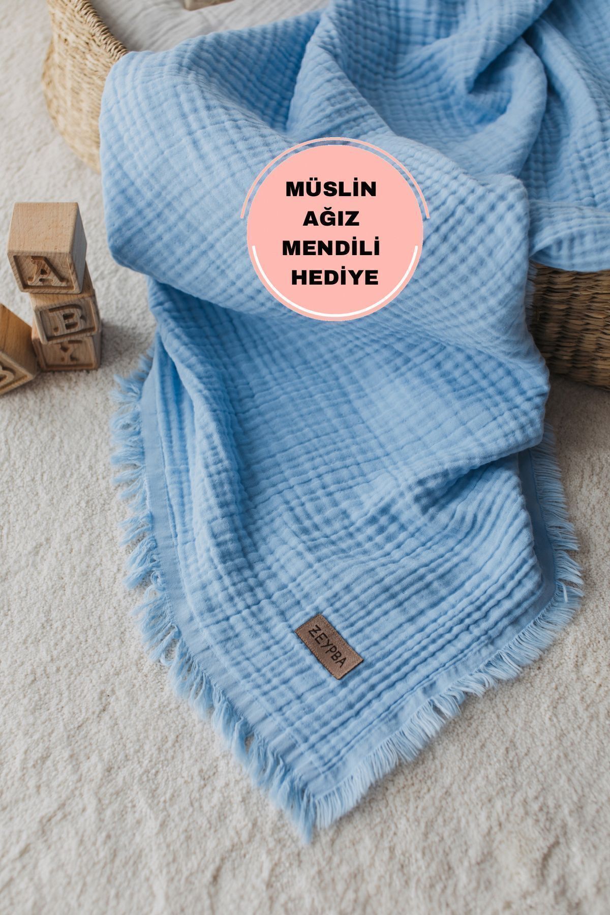 Bebe Mavi Müslin Örtü %100 Pamuk 4katlı Müslin Bebek Battaniye & Çocuk Müslin Battaniye 110x110cm