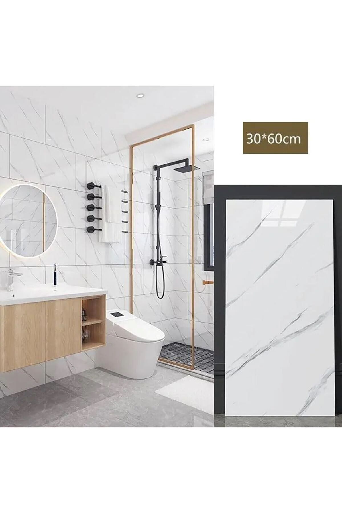 Kendinden Yapışkanlı Beyaz Mermer Desen Pvc Köpük Panel 30x60cm Banyo Wc Mutfak Duvar Kaplama