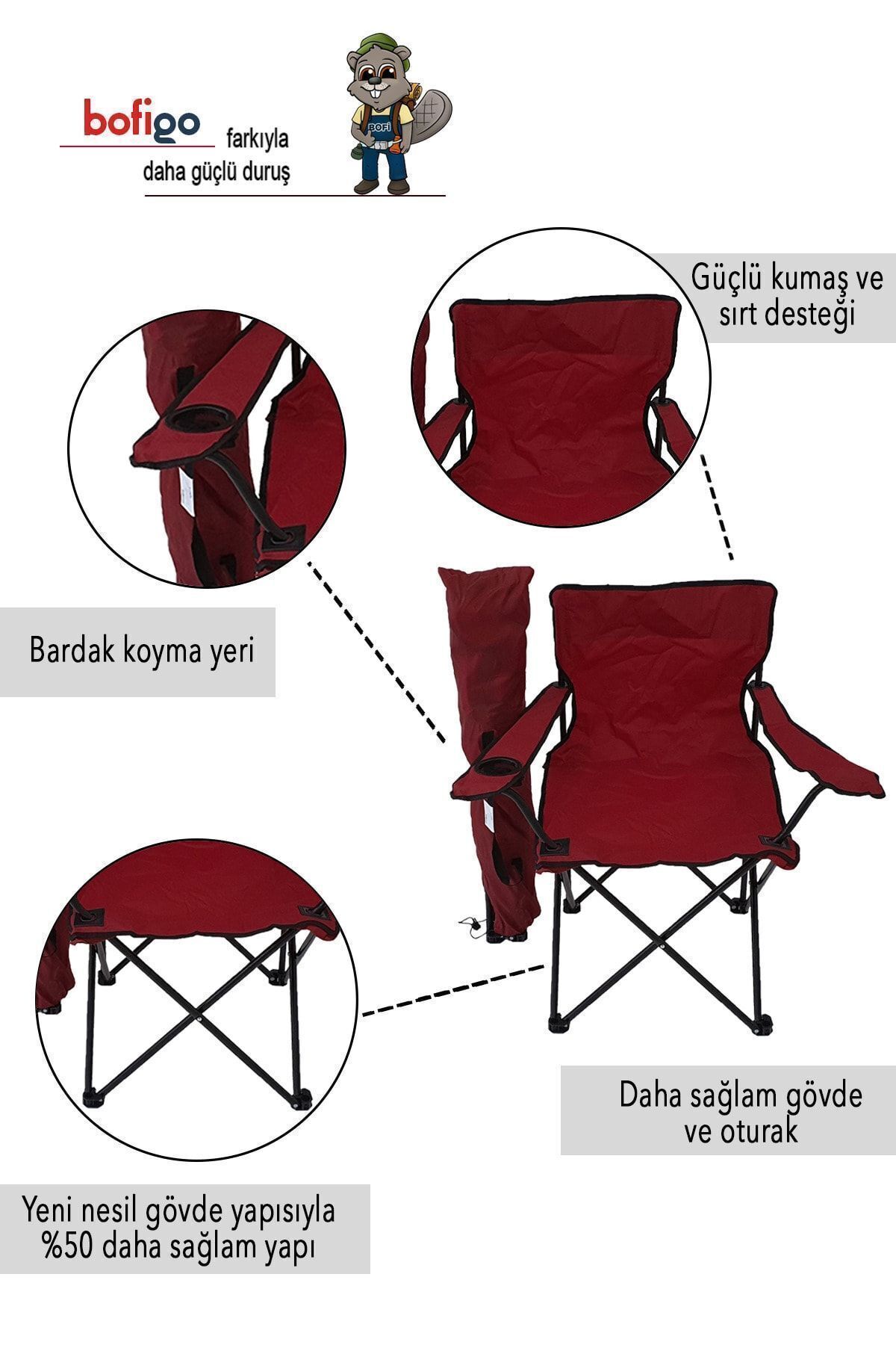 2'li Kamp Sandalyesi Piknik Sandalyesi Katlanır Sandalye Taşıma Çantalı Kamp Sandalye Kırmızı