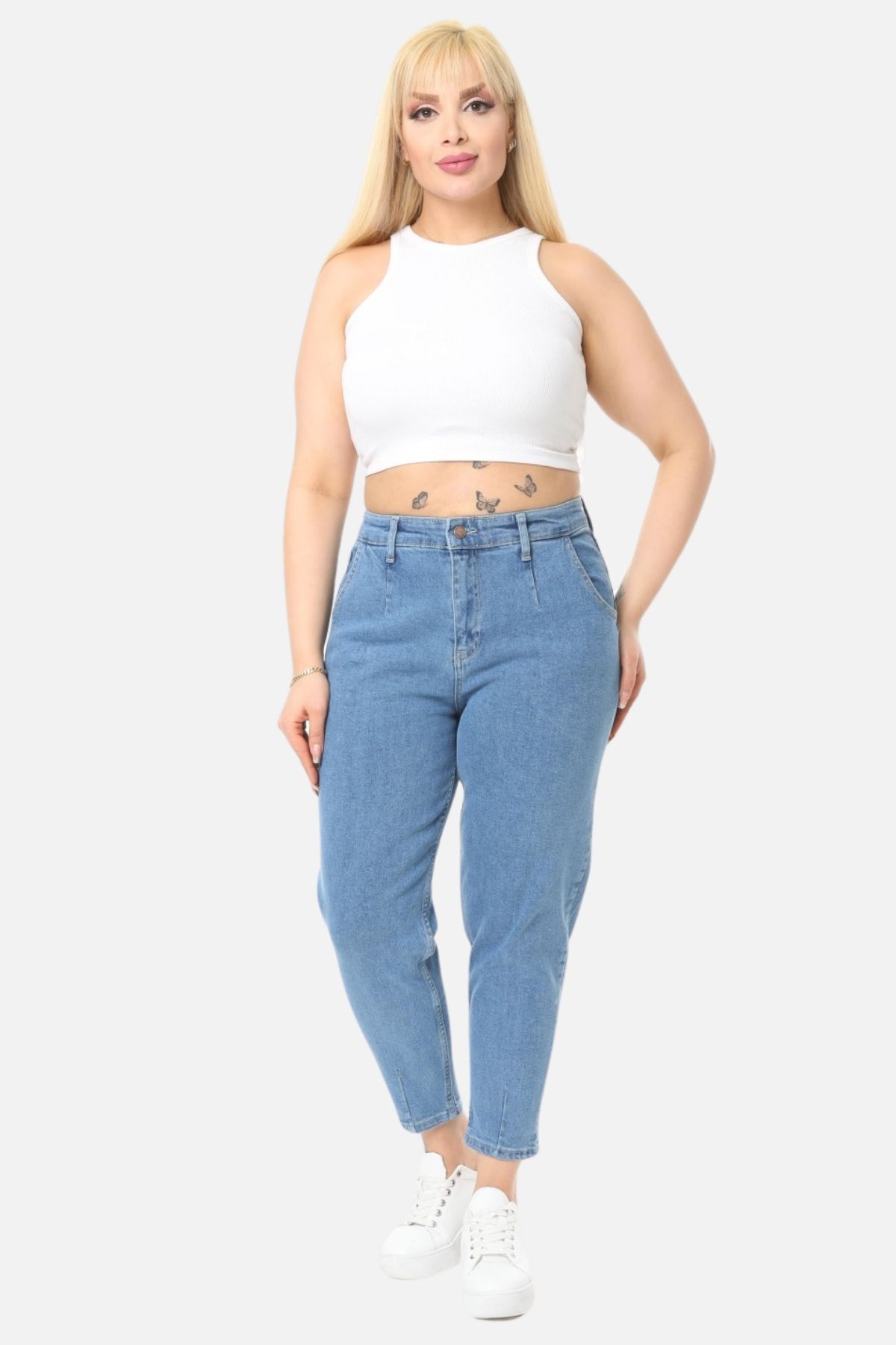 Mom Fit Jean Büyük Beden Yüksek Bel Carrot Kesim Dar Paça Pileli Esnek Kot Pantolon C600-kar-yıkama
