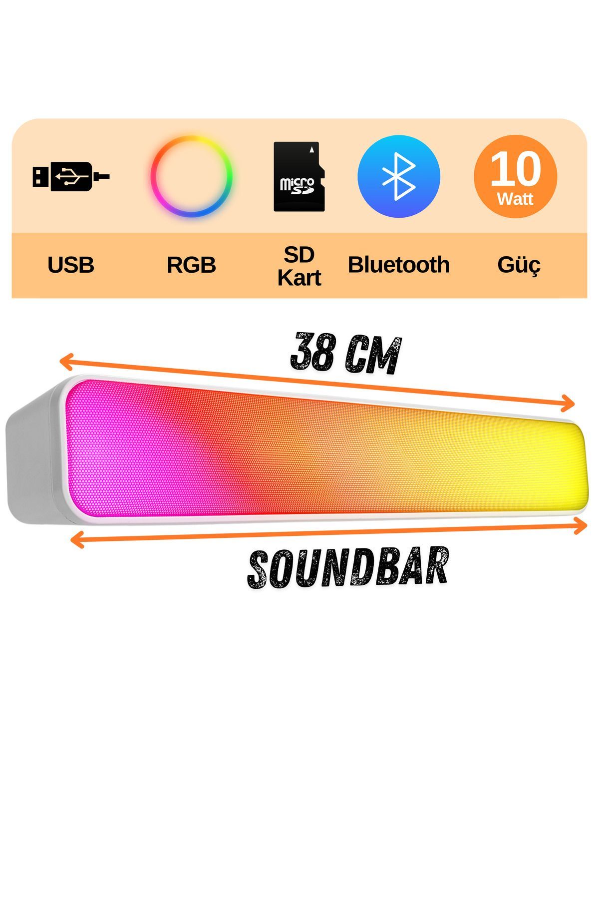 Md-sbt25 Beyaz Rgb Oyuncu Speaker Soundbar Sese Duyar 10wmicrosd Taşınır Bluetooth Hoparlör Speaker