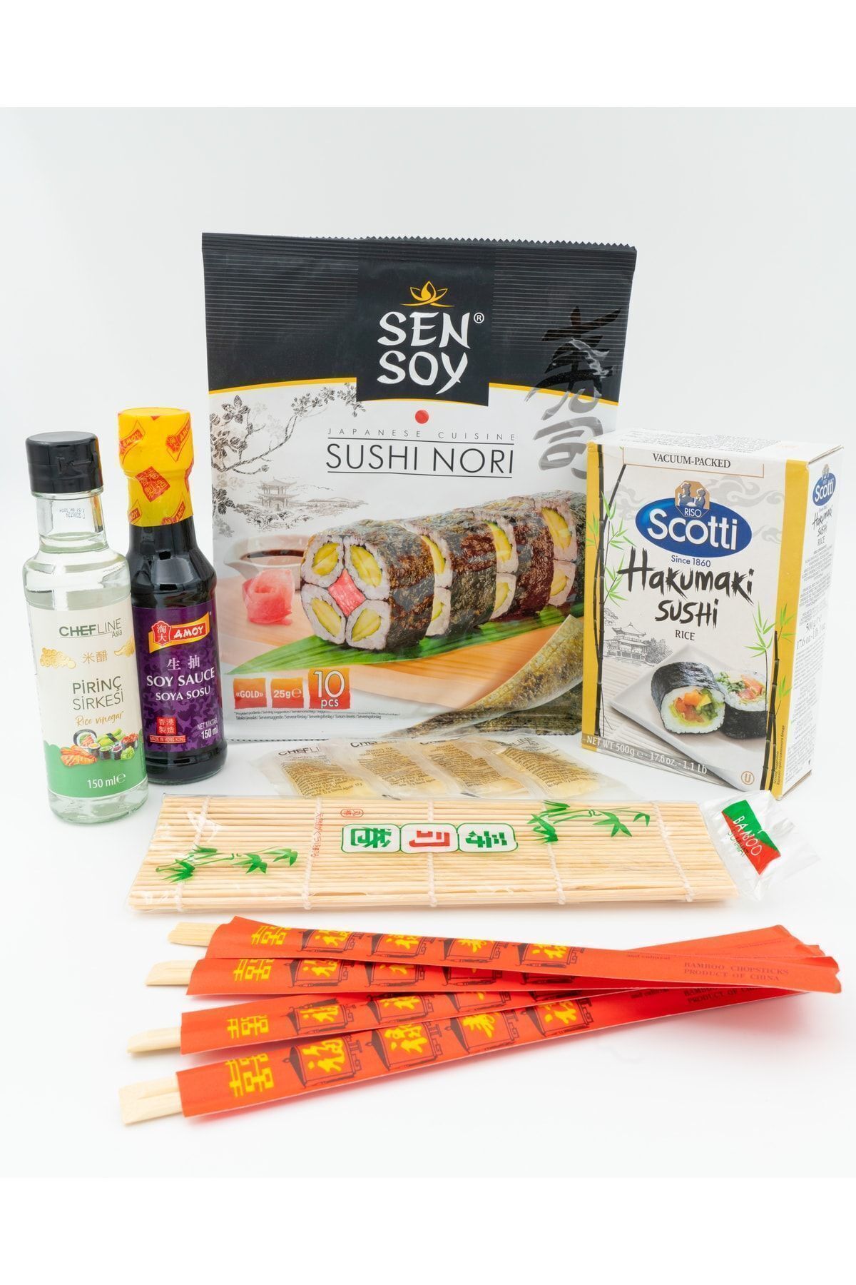 Sushi Seti Başlangıç, Sushi Yosun, Pirinç Sirkesi, Soya Sosu, Sushi Pirinci, Bamboo Mat, Chopstick