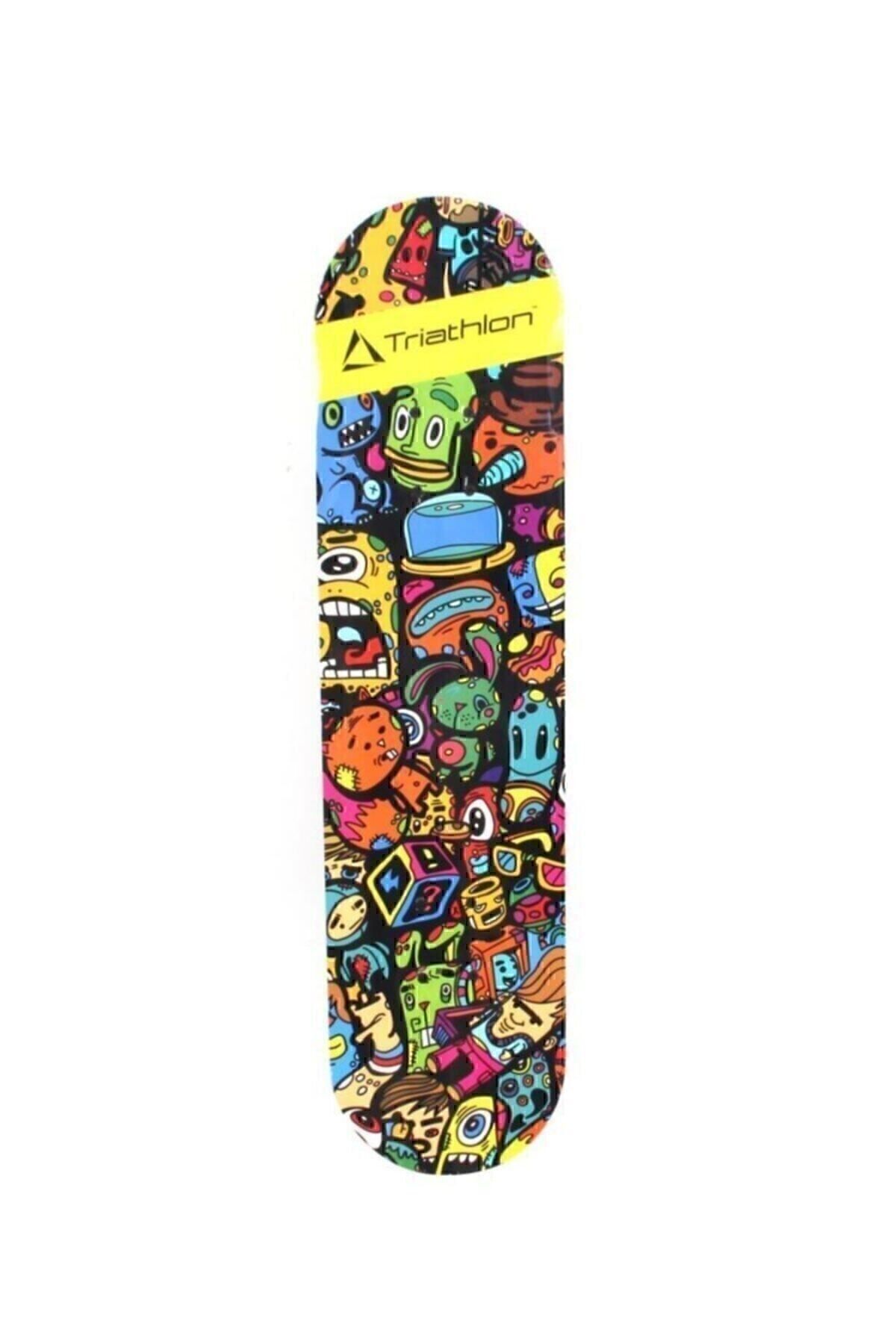 T132 Tahta Kaykay 80 Cm Emoji Çizgi Karakter Desenli - 80 X 20 Cm - Zımpara Yüzey