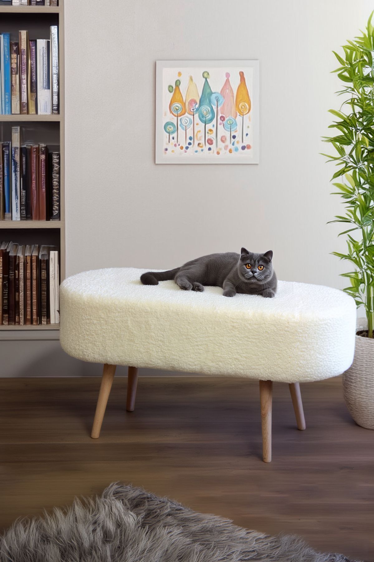 Retro Ahşap Ayaklı Geniş Oturum Alanlı Oval Bench Puf Beyaz Teddy