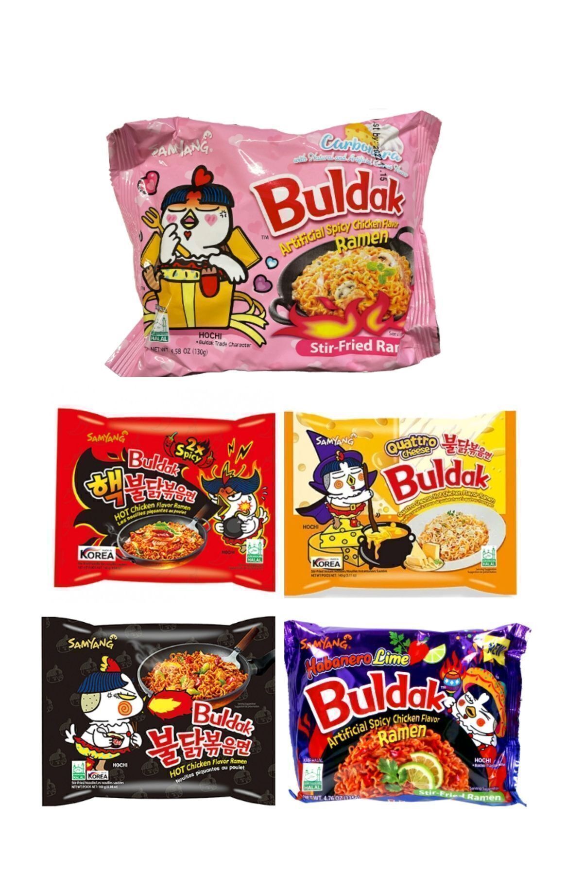 Buldak Ramen 5 Flavor Combo (Carbo + 2X spicy + Cheese + Acılı + habanero lime )