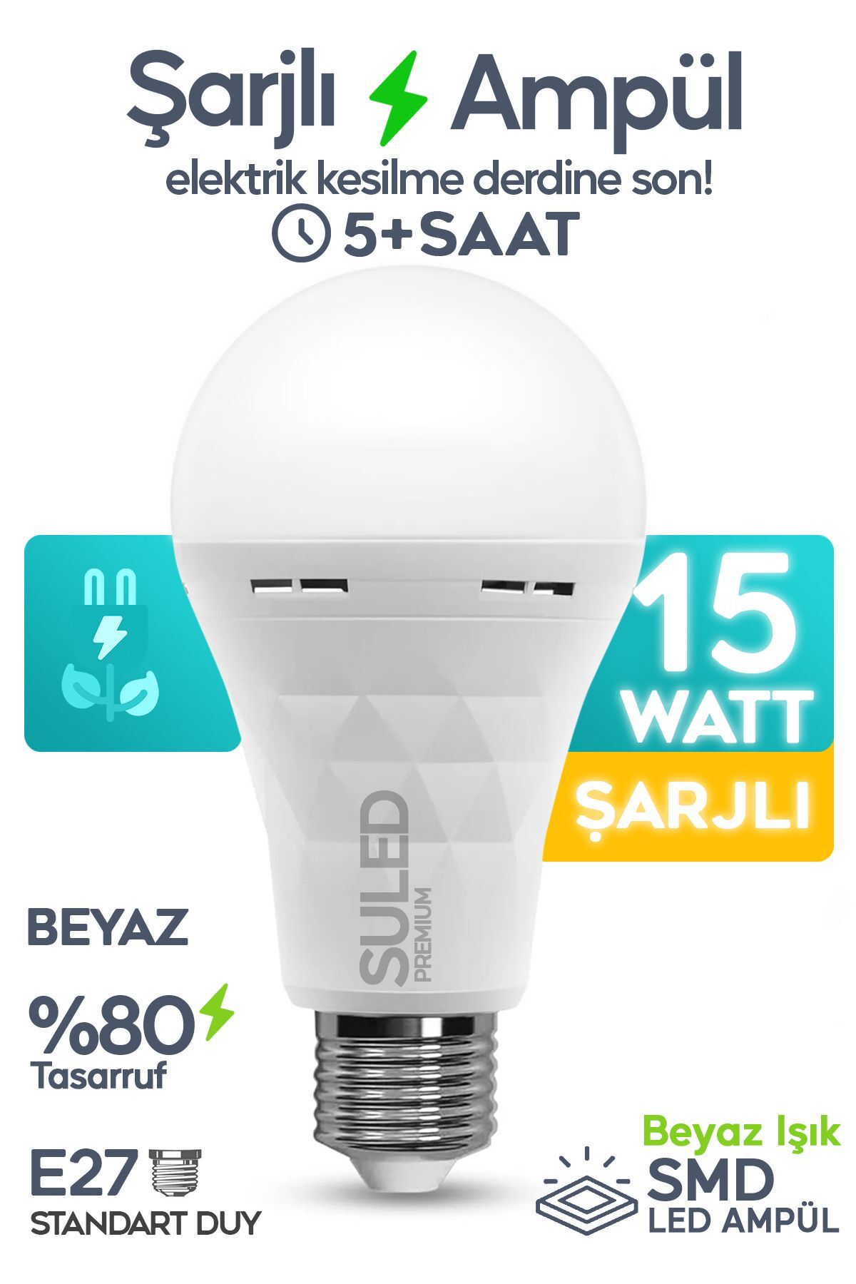 Şarjlı Ampül 15w Acil Durum & Kamp Işığı 220v Beyaz Işık E27 Duy Otomatik %80 Tasarruflu